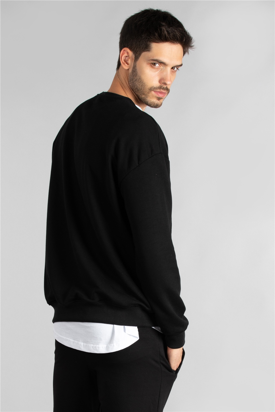 Bisiklet yaka oversize sweatshırt-1410 Siyah