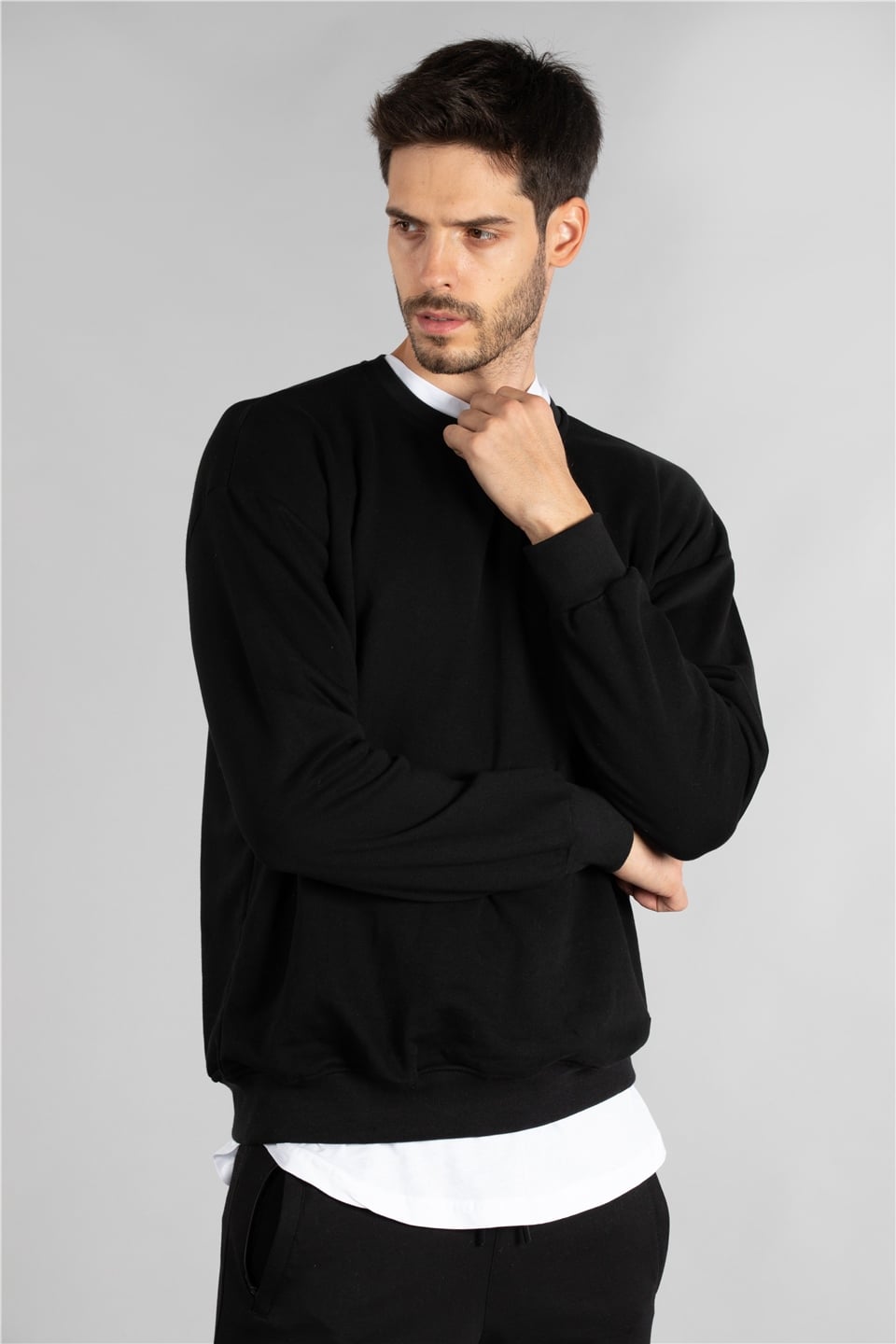 Bisiklet yaka oversize sweatshırt-1410 Siyah