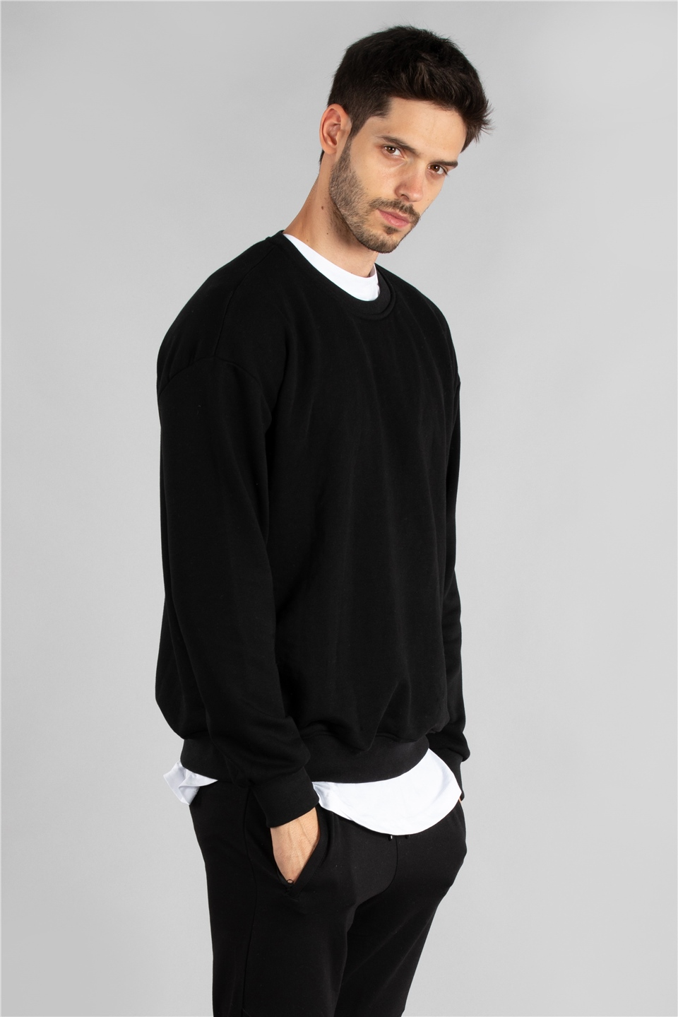 Bisiklet yaka oversize sweatshırt-1410 Siyah