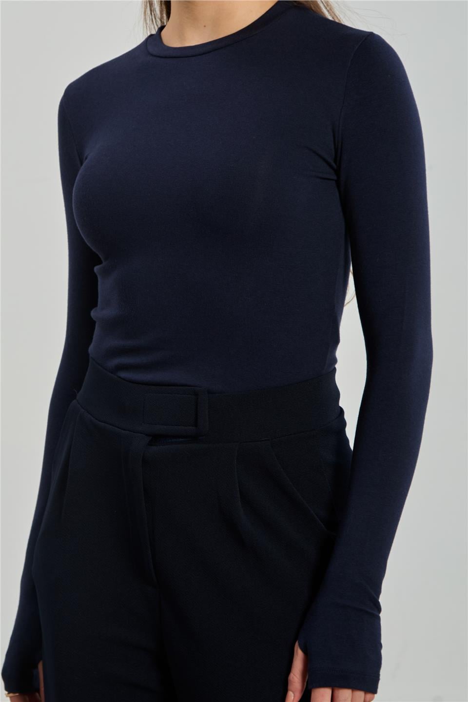 Bisiklet yaka parmak geçmeli uzun kol body-4420 Lacivert