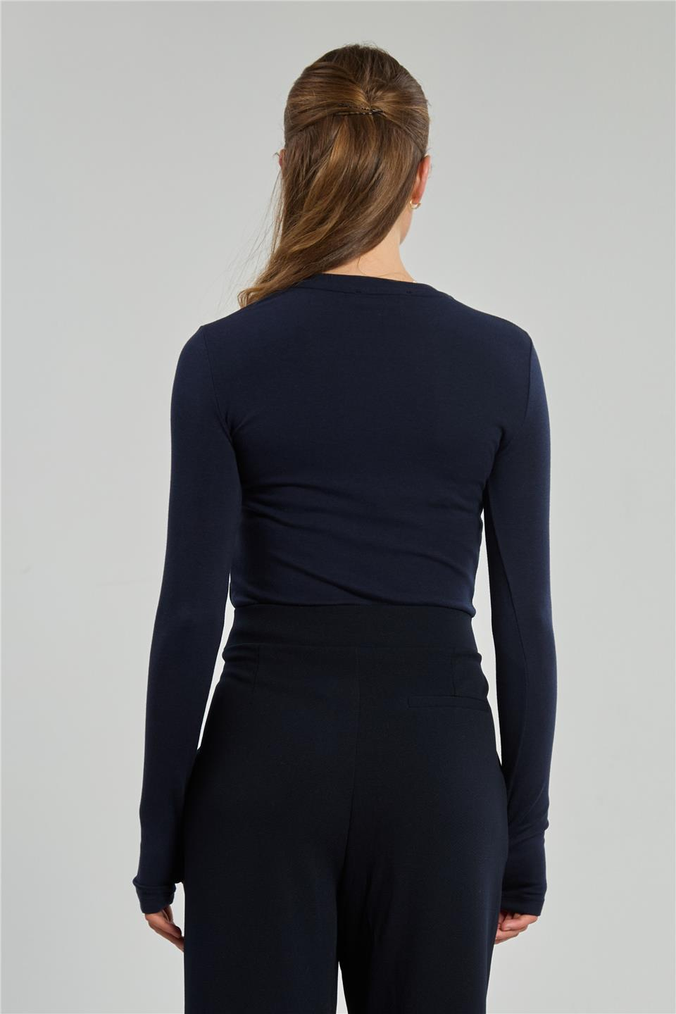 Bisiklet yaka parmak geçmeli uzun kol body-4420 Lacivert