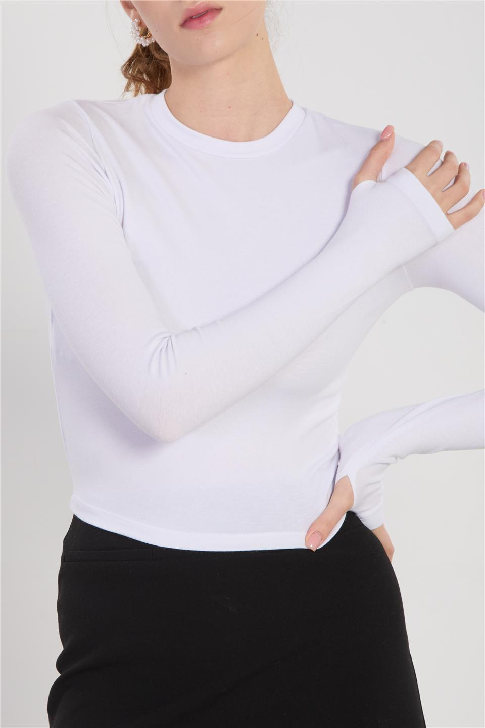 Bisiklet yaka parmak geçmeli uzun kol body-4420 Ekru