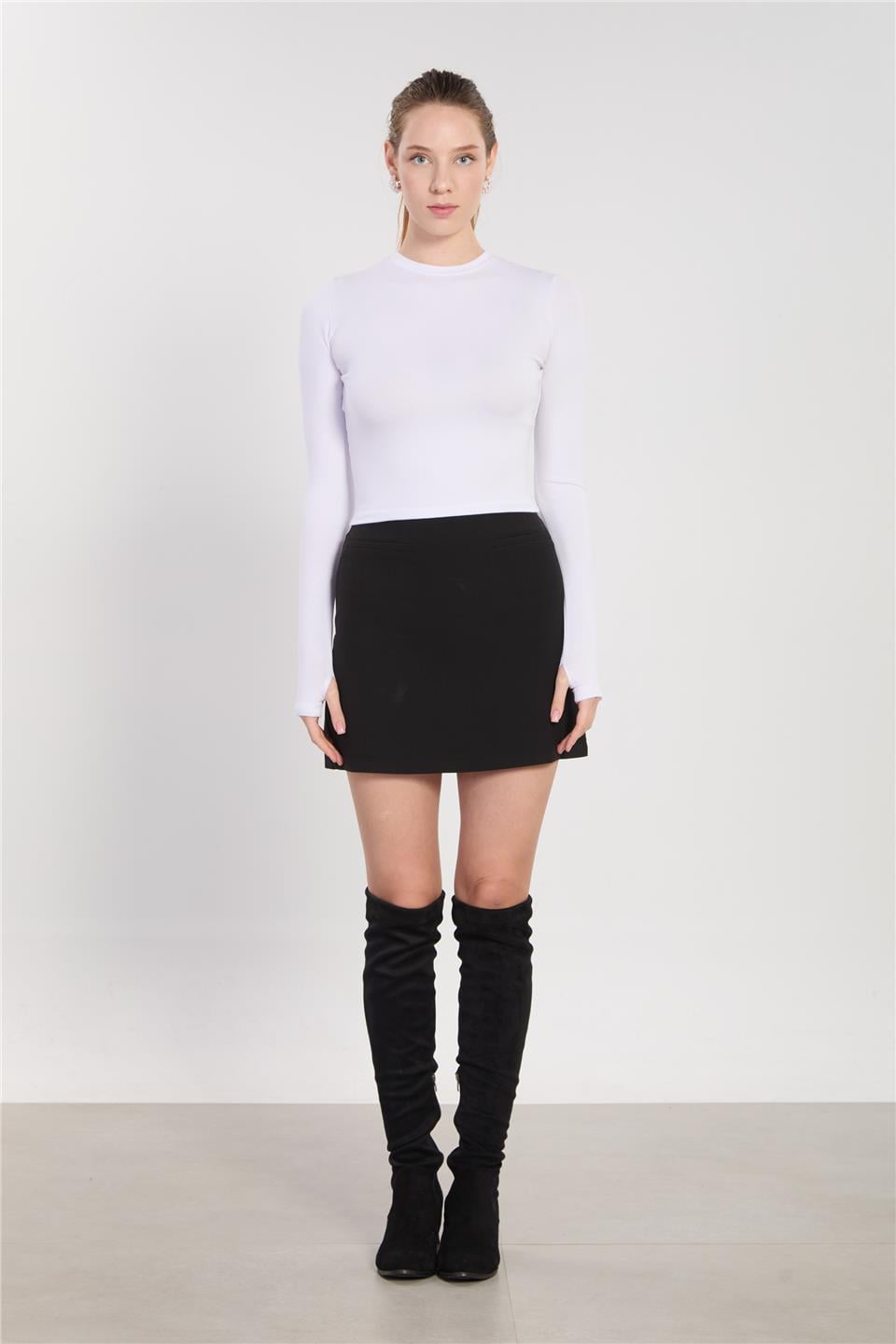 Bisiklet yaka parmak geçmeli uzun kol body-4420 Ekru