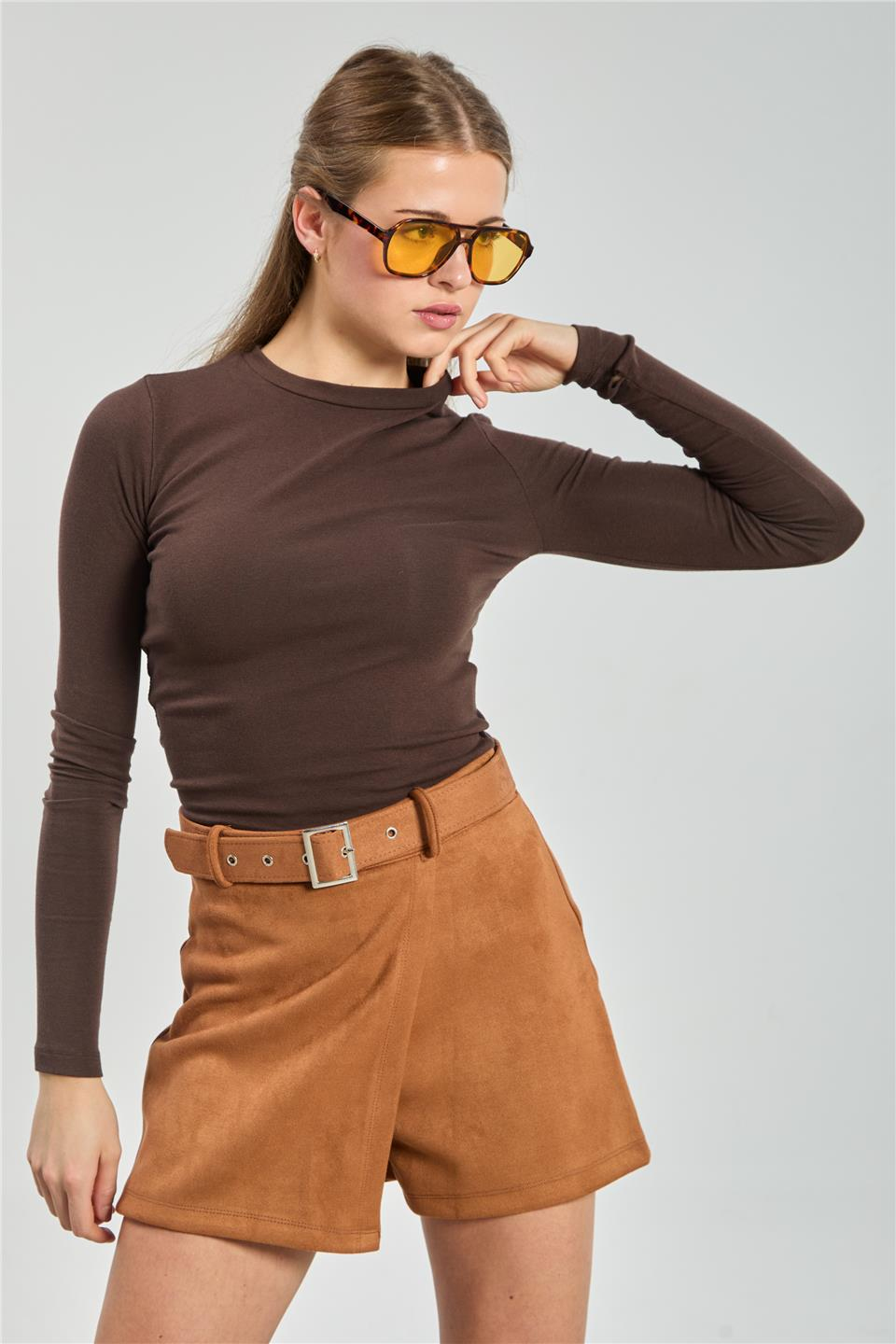 Bisiklet yaka parmak geçmeli uzun kol body-4420 Acı Kahve