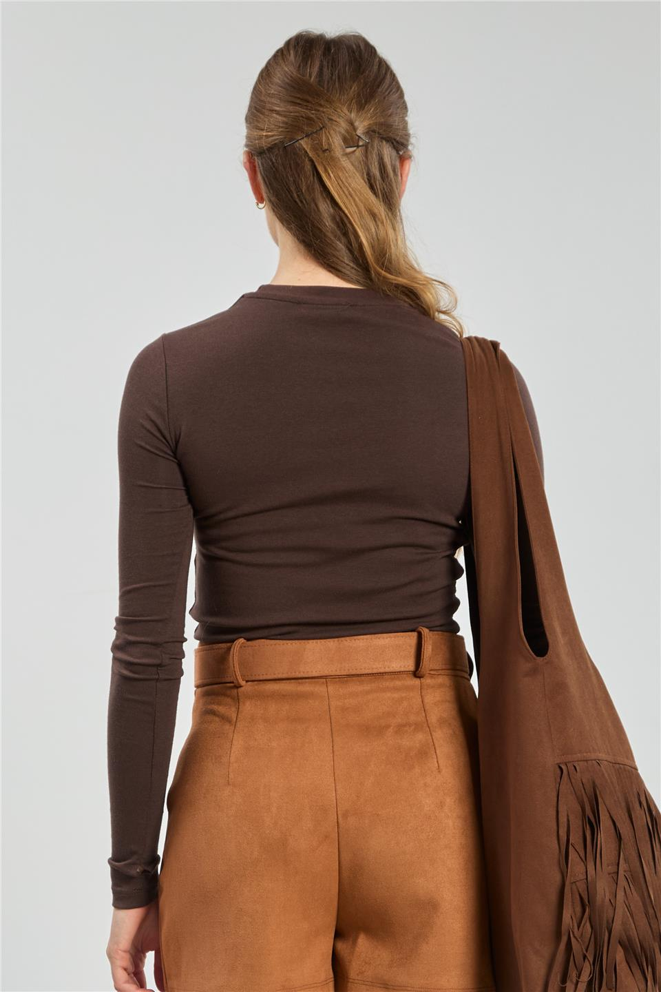 Bisiklet yaka parmak geçmeli uzun kol body-4420 Acı Kahve