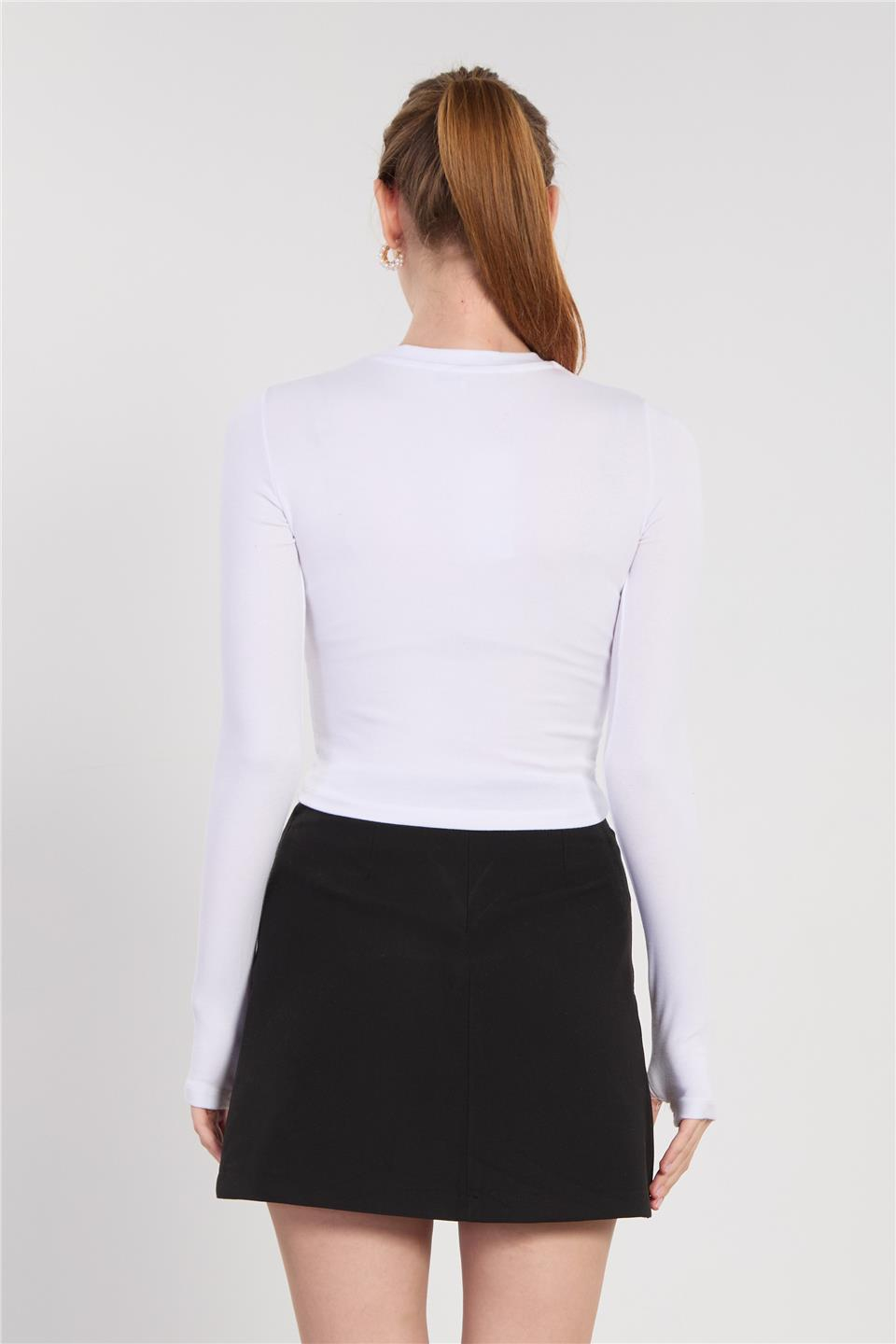 Bisiklet yaka parmak geçmeli uzun kol body-4420 Ekru