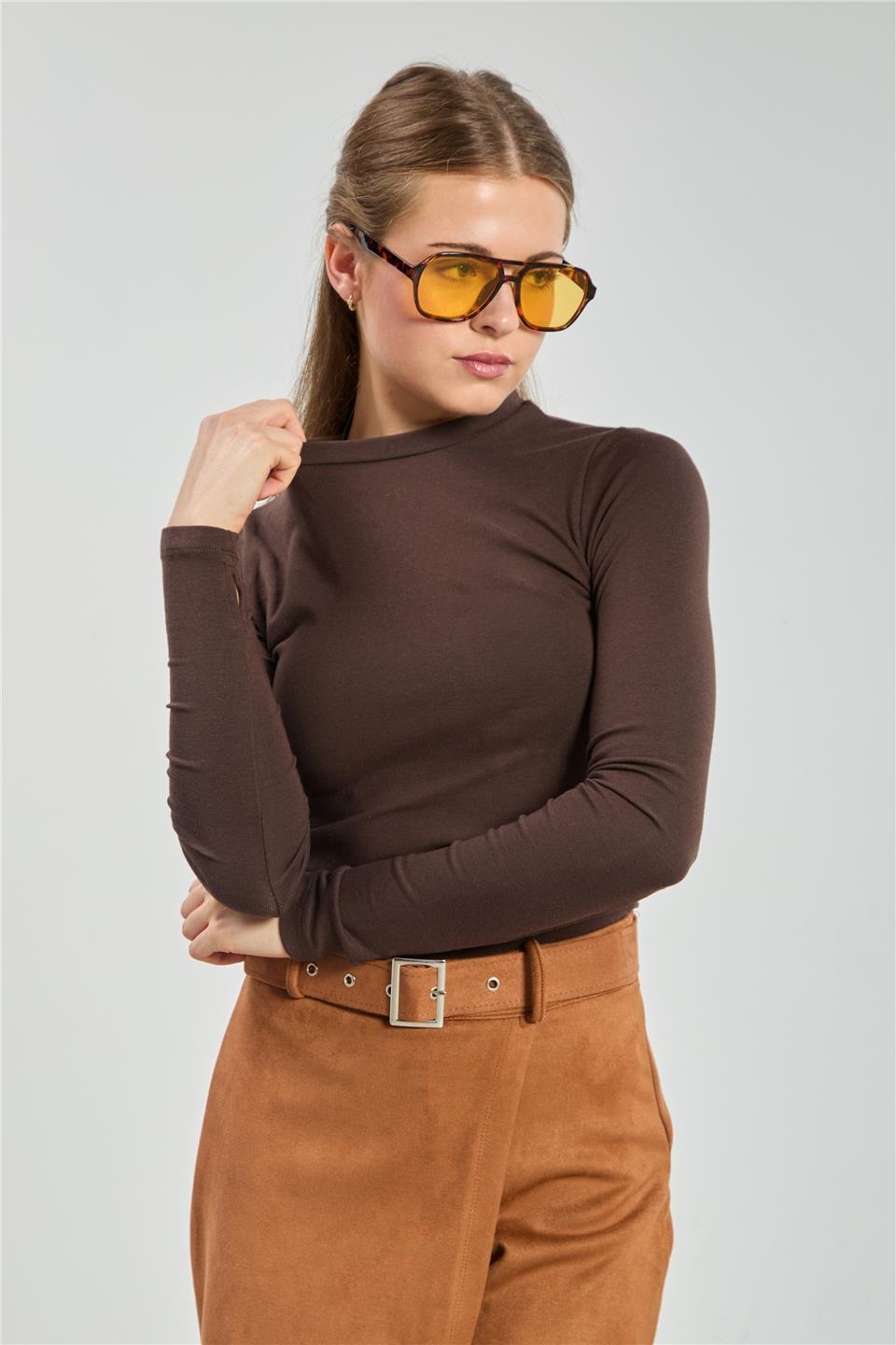 Bisiklet yaka parmak geçmeli uzun kol body-4420 Acı Kahve