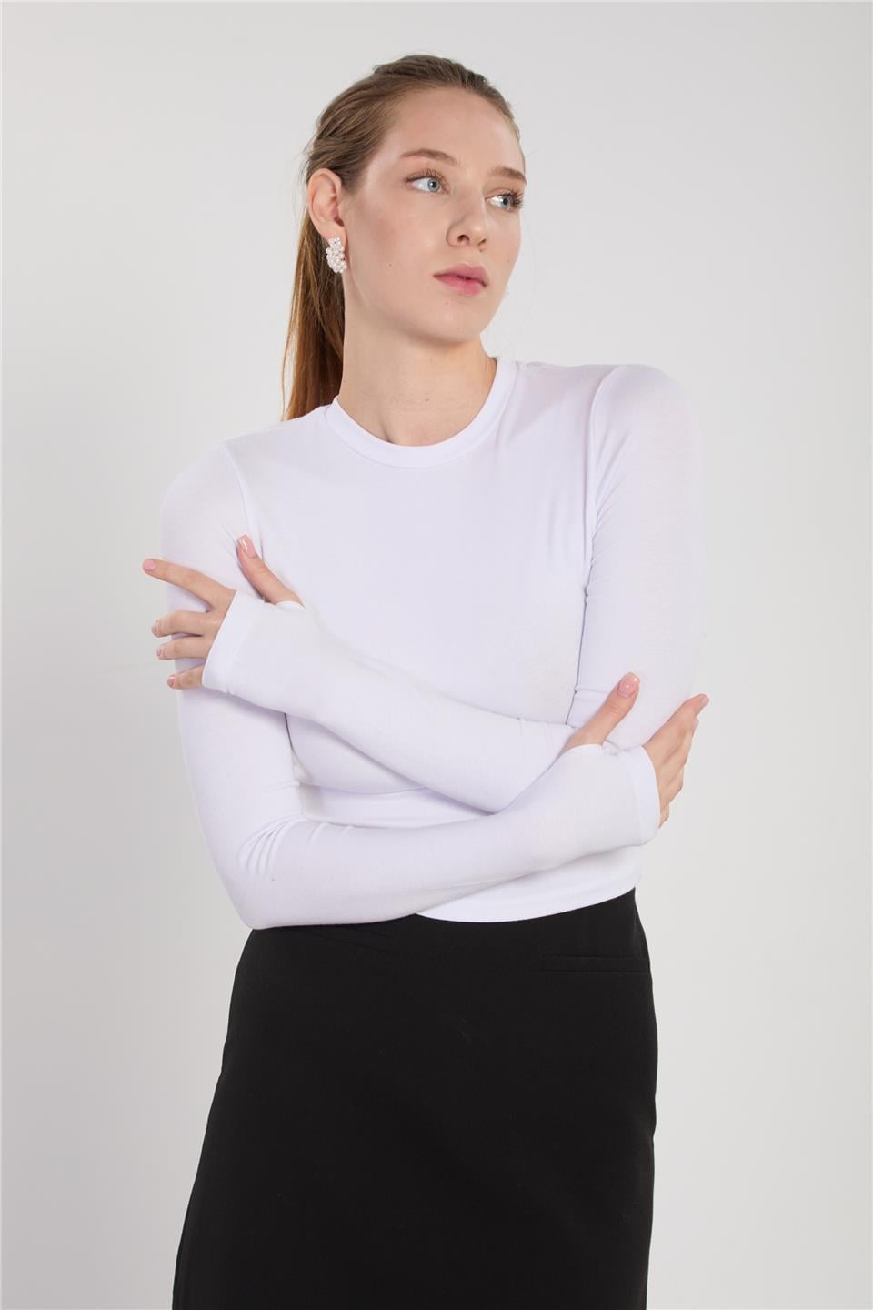 Bisiklet yaka parmak geçmeli uzun kol body-4420 Ekru