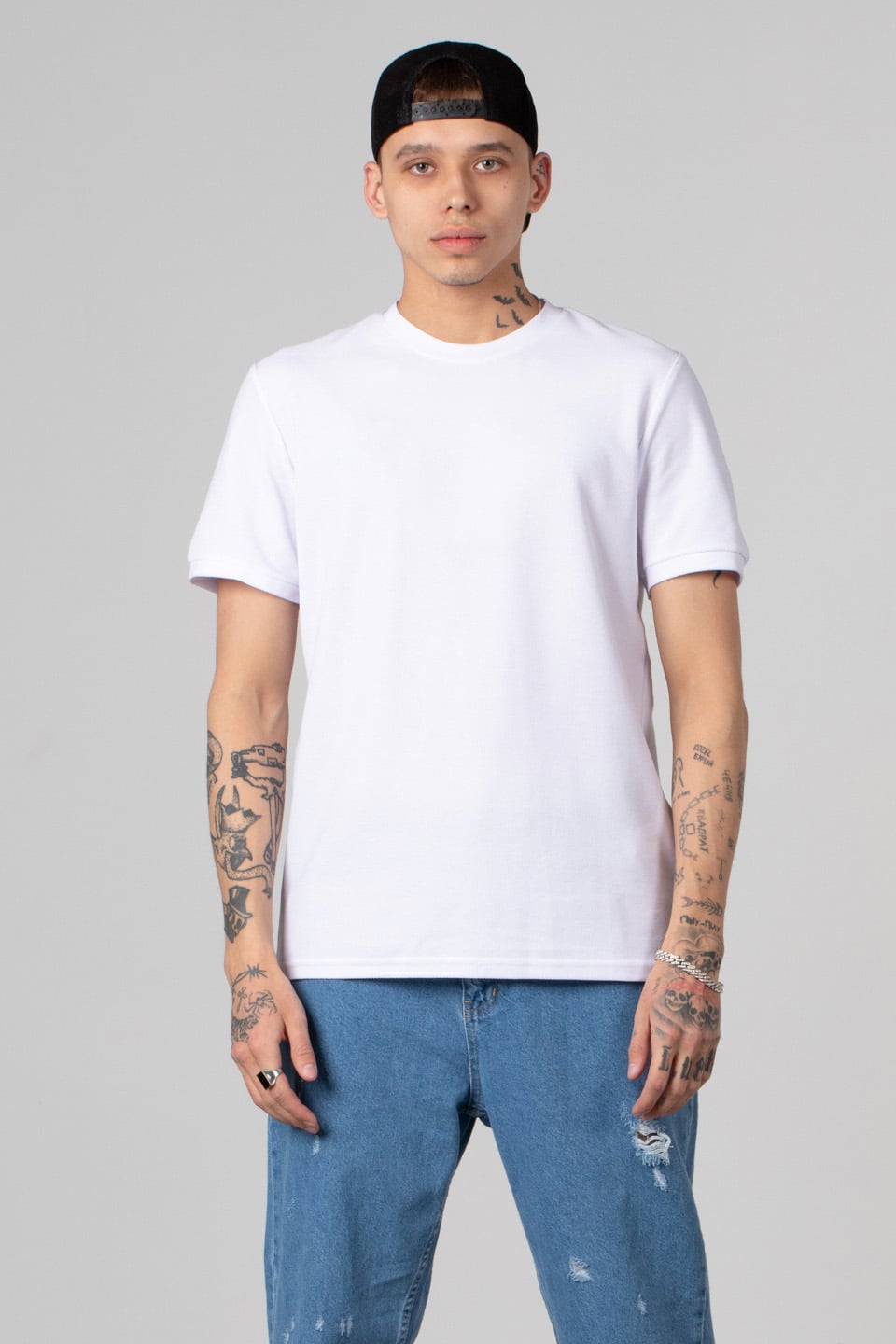 Bisiklet yaka pike t-shirt-2387 Ekru