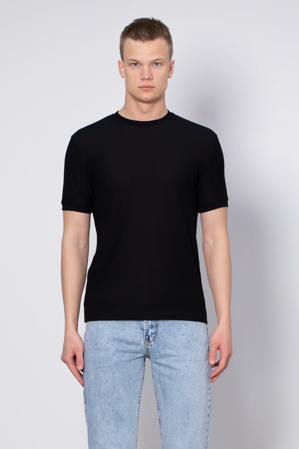 Bisiklet yaka pike t-shirt-2387 Siyah