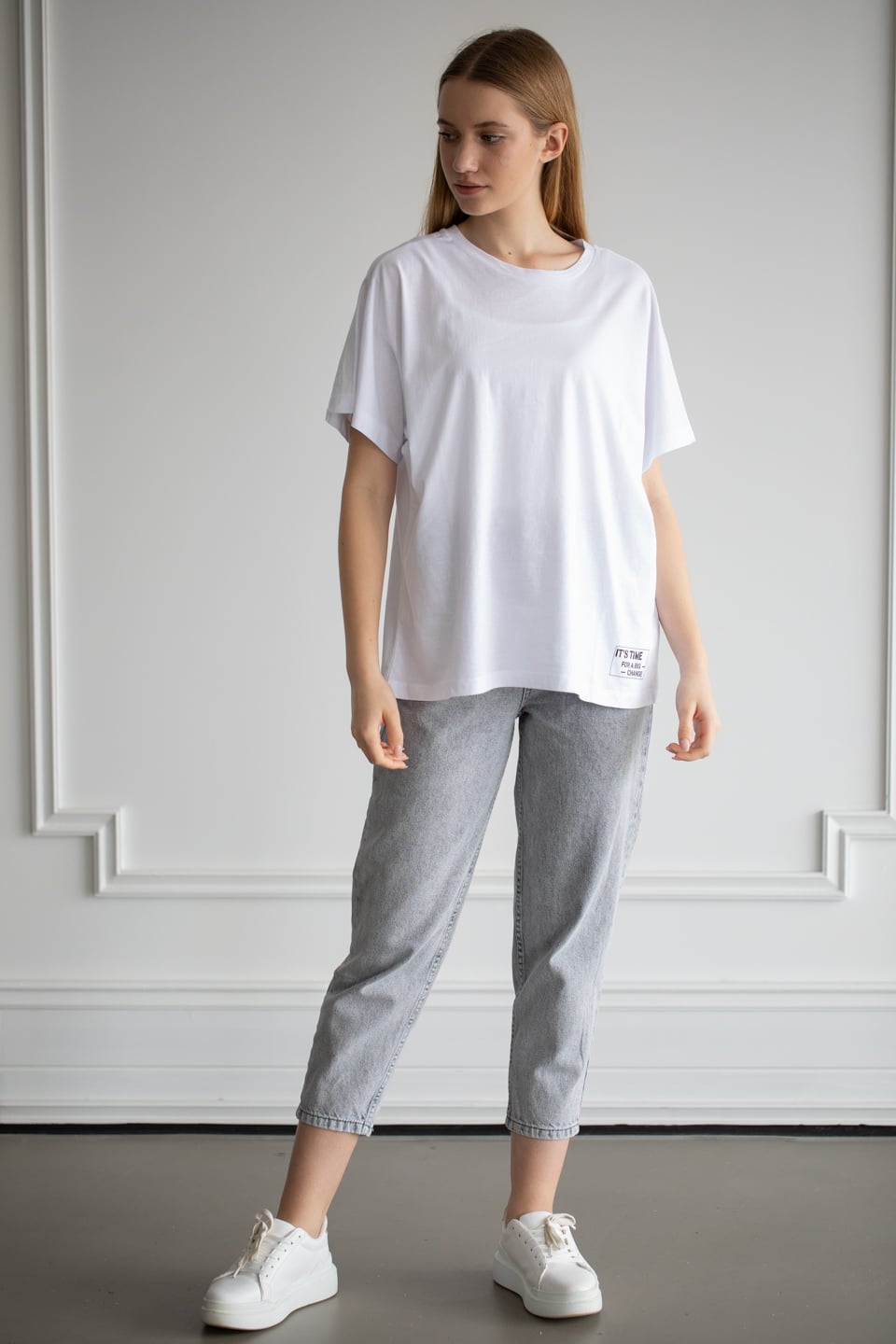 Bisiklet yaka salaş t-shirt-22F-132 Beyaz