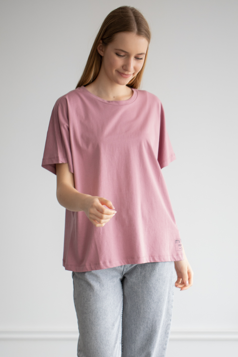 Bisiklet yaka salaş t-shirt-22F-132 Gül Kurusu