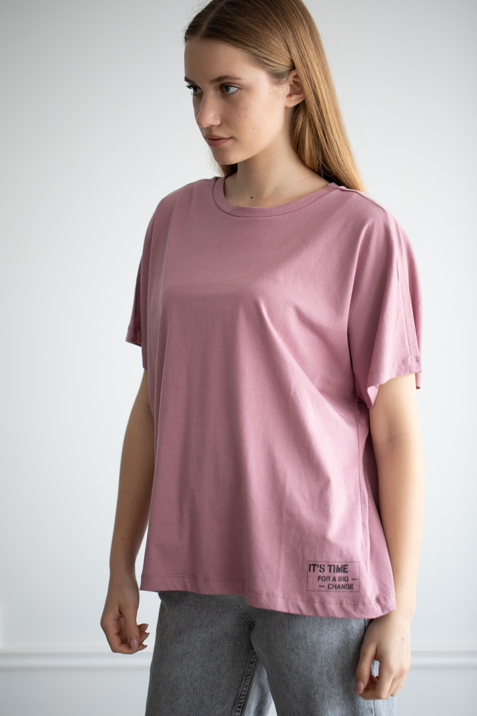 Bisiklet yaka salaş t-shirt-22F-132 Gül Kurusu