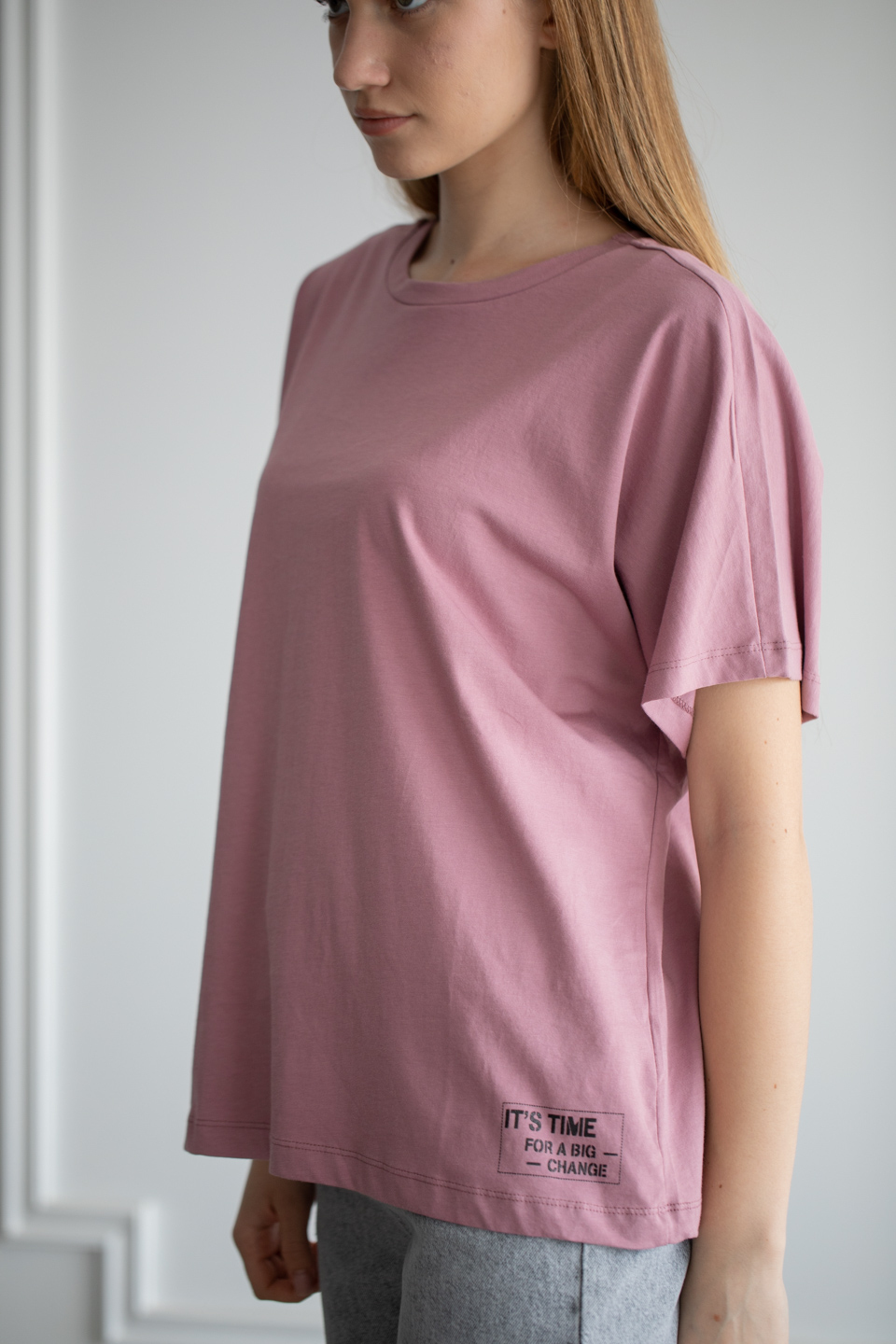 Bisiklet yaka salaş t-shirt-22F-132 Gül Kurusu
