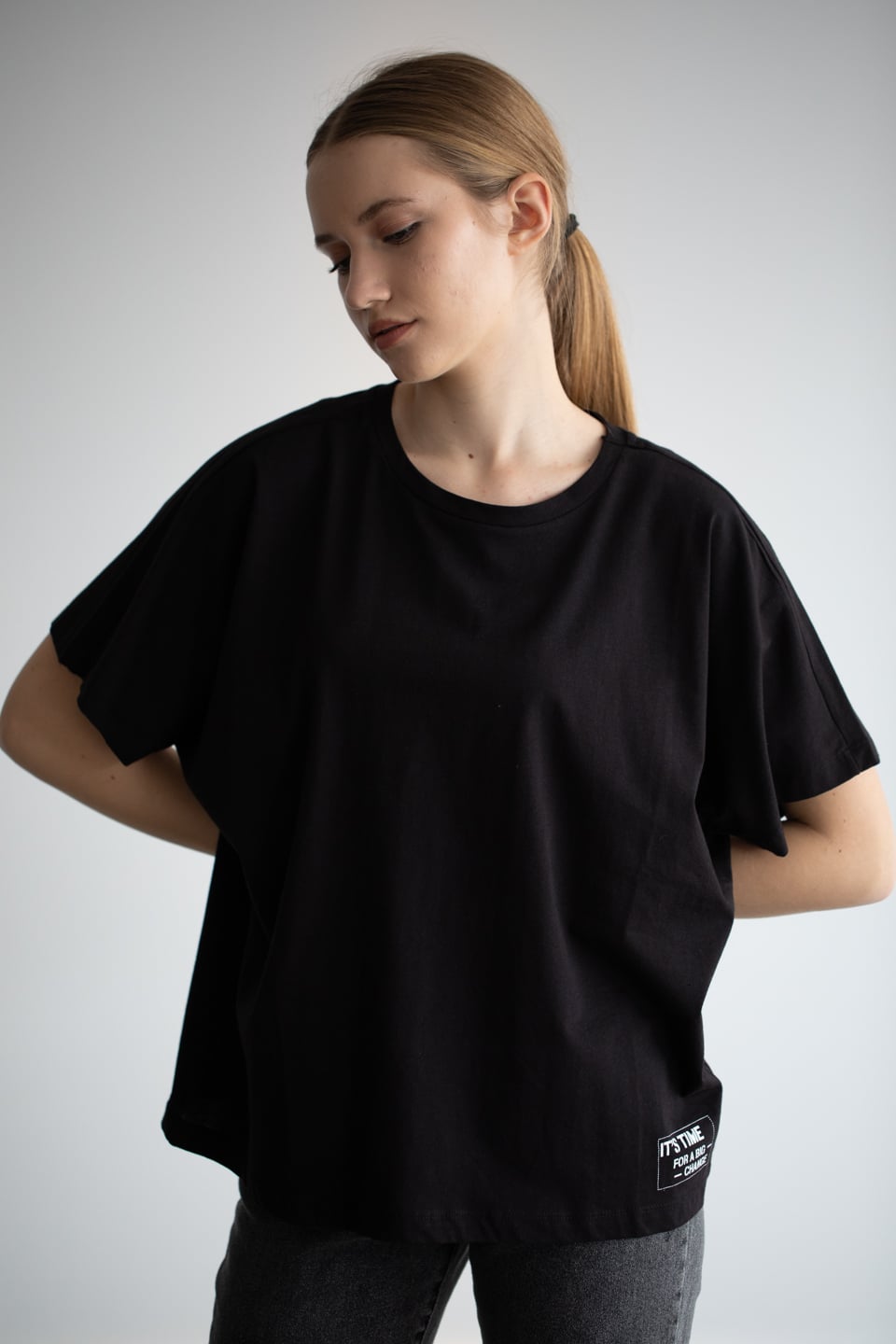 Bisiklet yaka salaş t-shirt-22F-132 Siyah