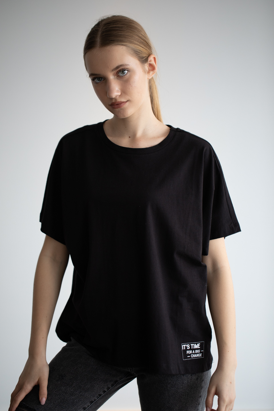 Bisiklet yaka salaş t-shirt-22F-132 Siyah