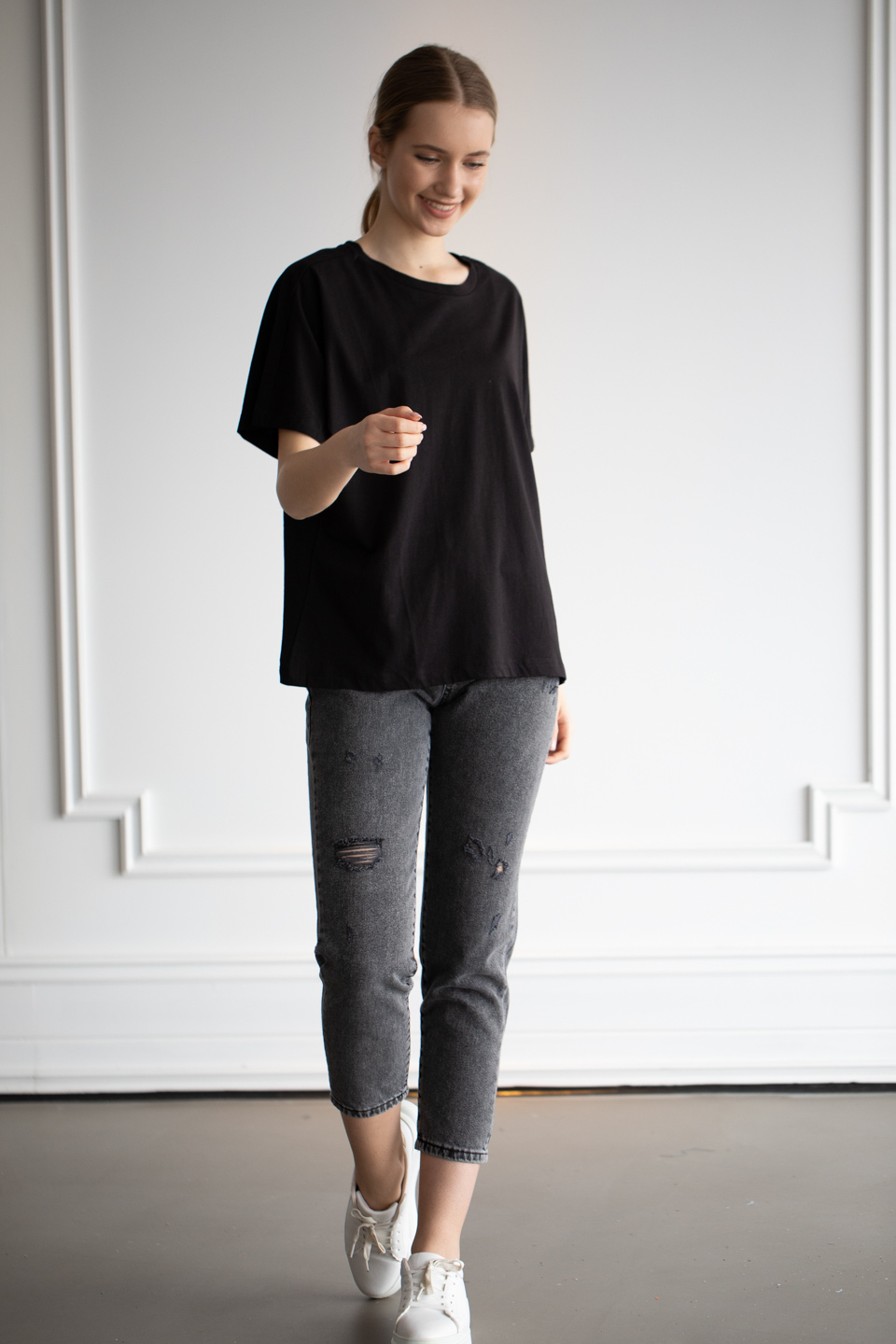 Bisiklet yaka salaş t-shirt-22F-132 Siyah
