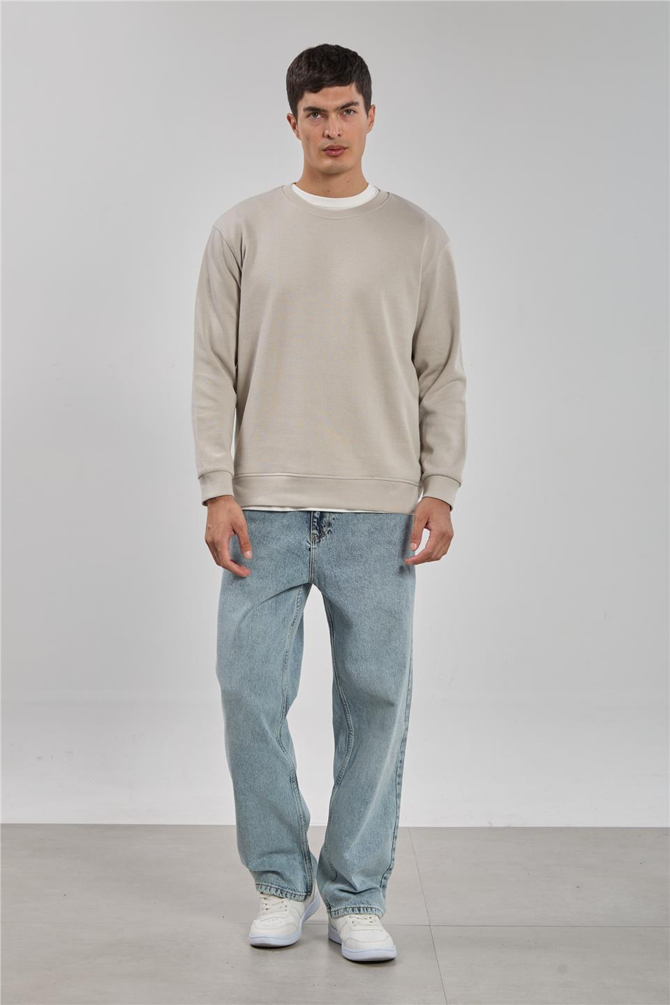 Bisiklet yaka sweatshirt-1256 Taş