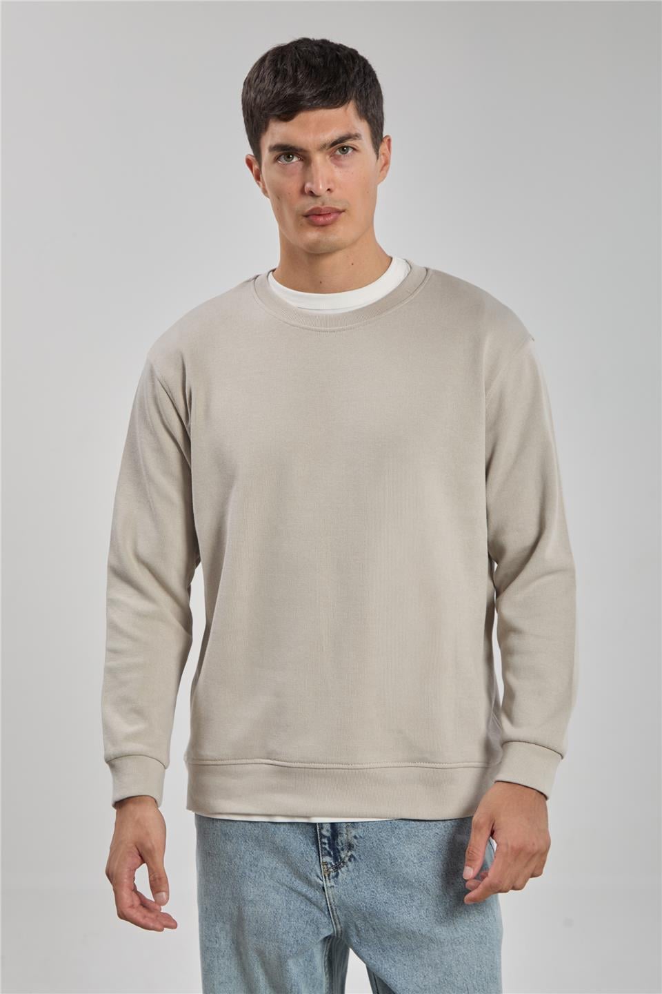 Bisiklet yaka sweatshirt-1256 Taş