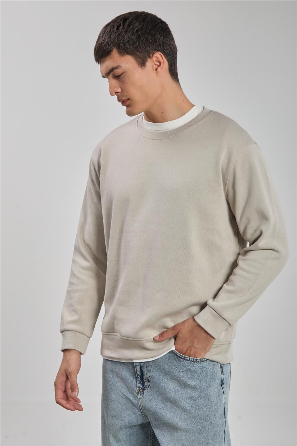 Bisiklet yaka sweatshirt-1256 Taş