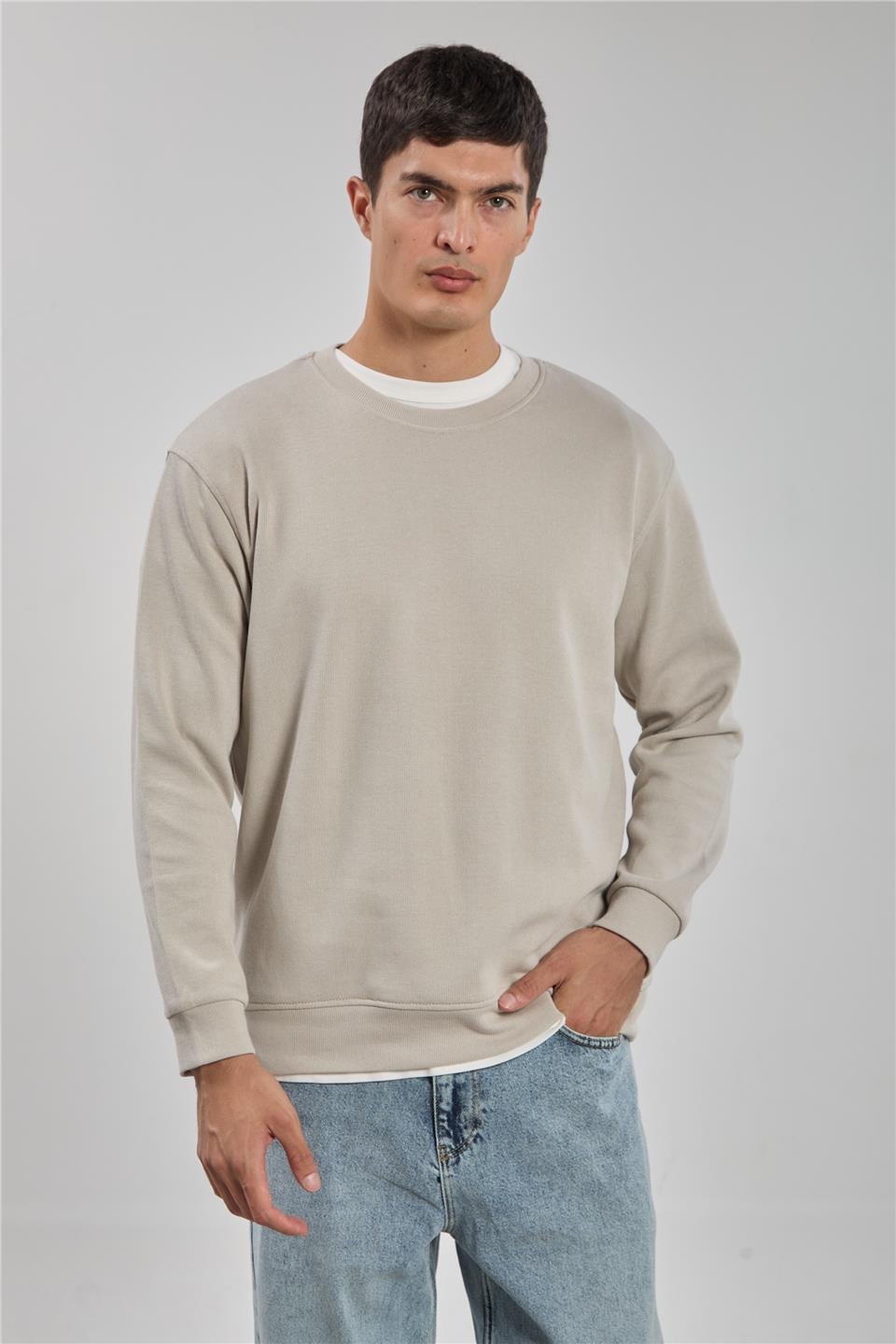 Bisiklet yaka sweatshirt-1256 Taş