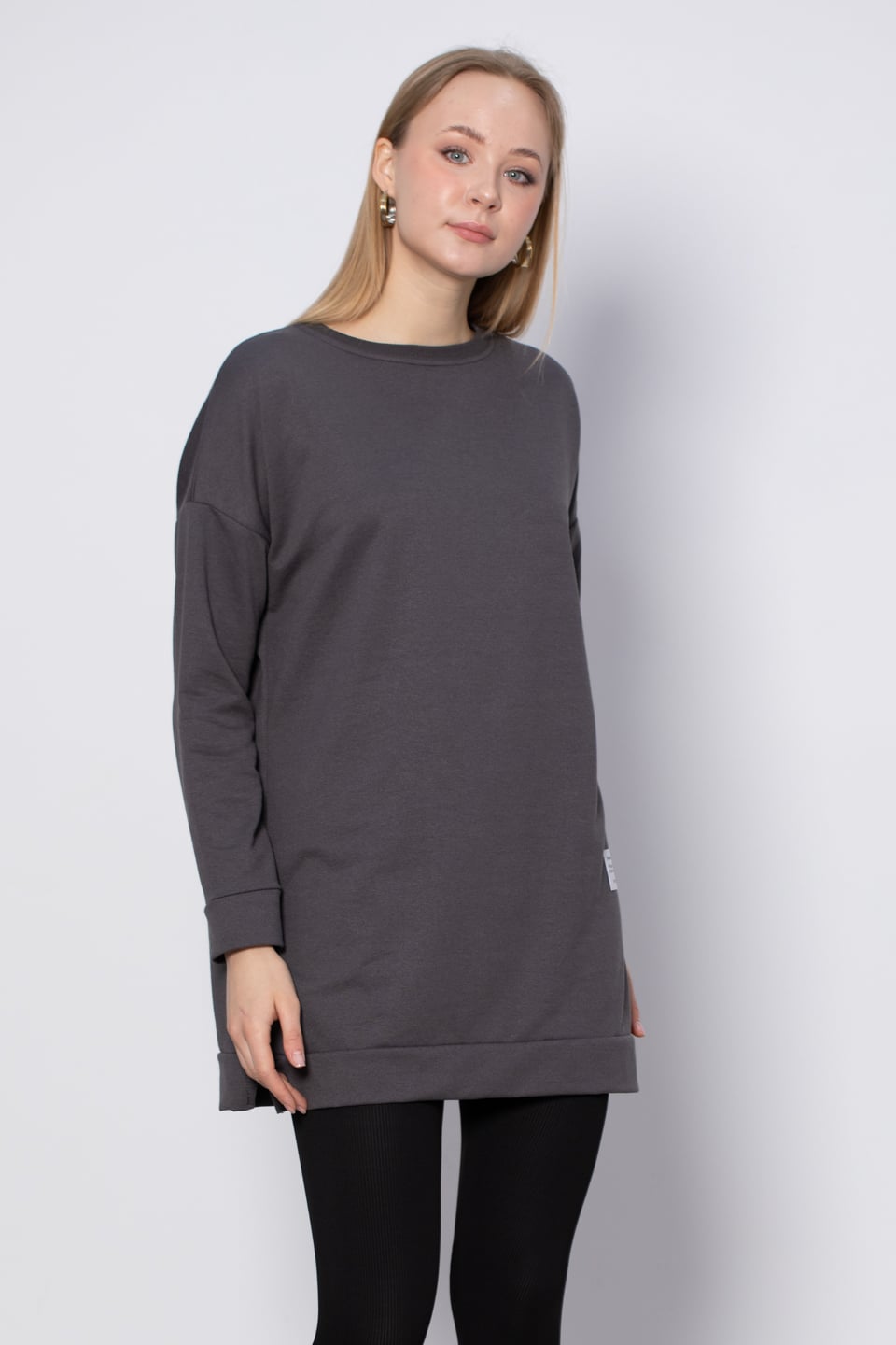 Bisiklet yaka sweatshirt-DVN0148 Antrasit
