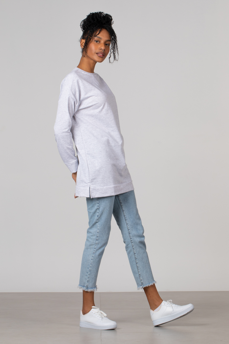 Bisiklet yaka sweatshirt-DVN0148 Kar Melanj