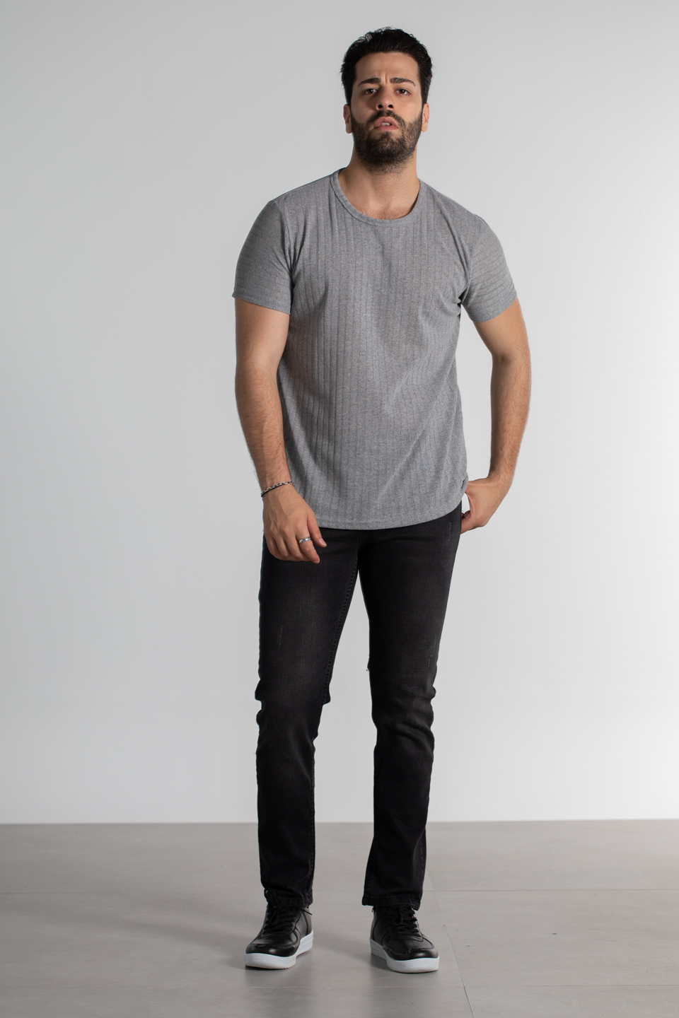 Bisiklet yaka t-shirt-4444 Gri