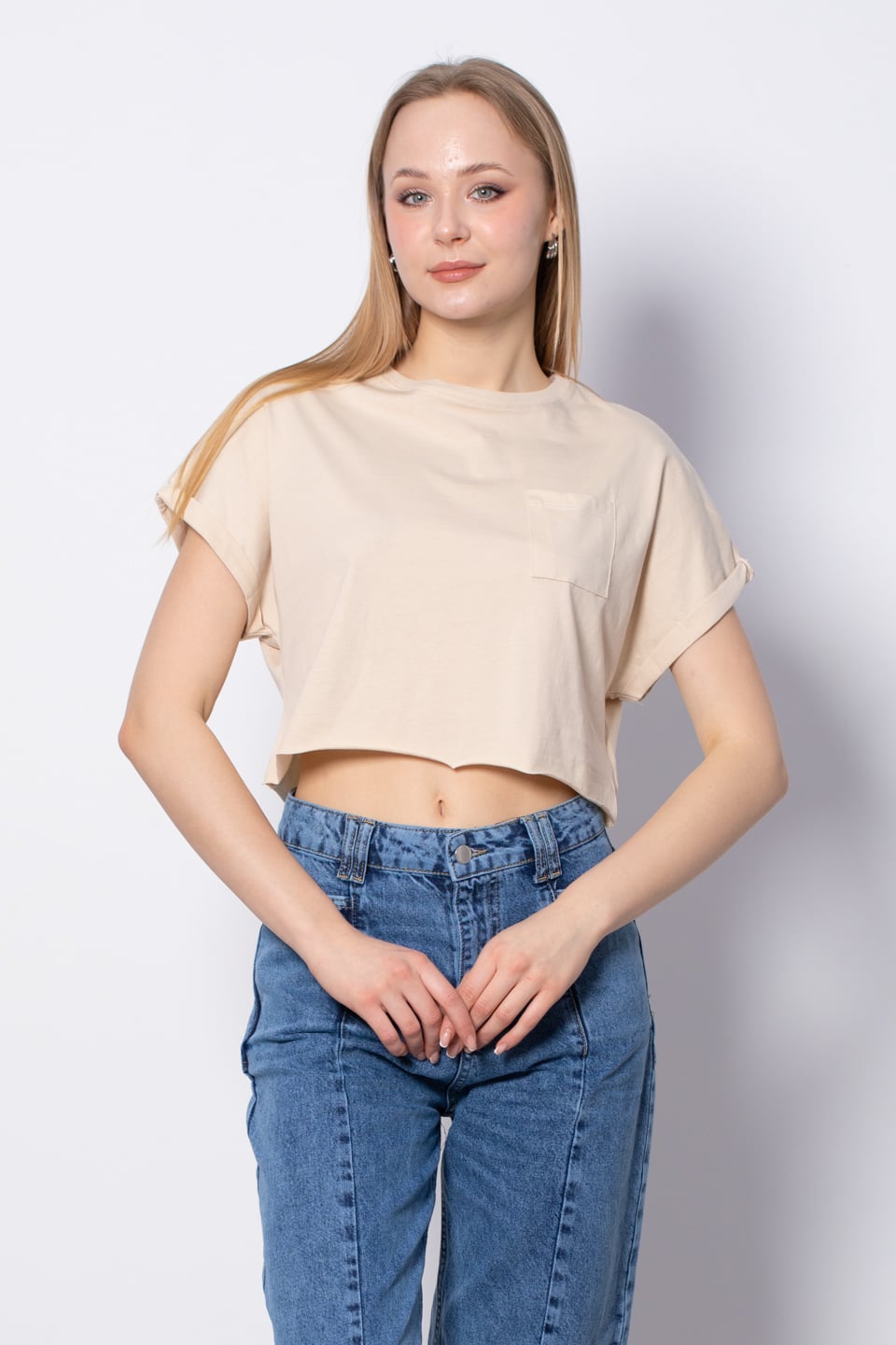 Bisiklet Yaka Tek Cepli T-Shirt - Taş