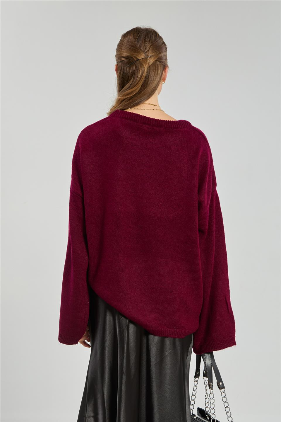 Bisiklet yaka triko kazak-4091 Bordo