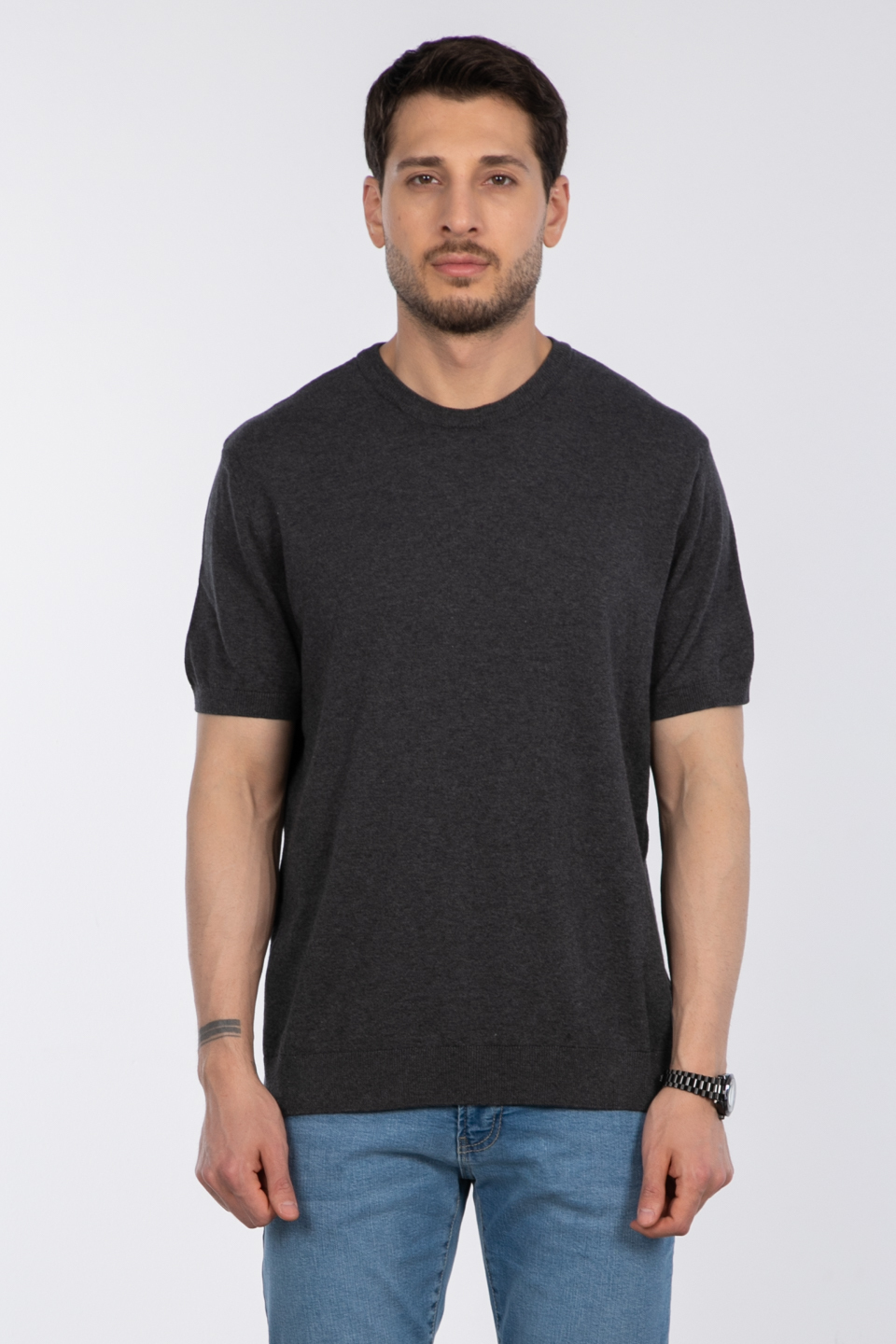 Bisiklet yaka triko t-shirt-NSR04 Antrasit