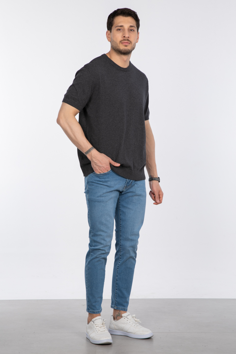 Bisiklet yaka triko t-shirt-NSR04 Antrasit