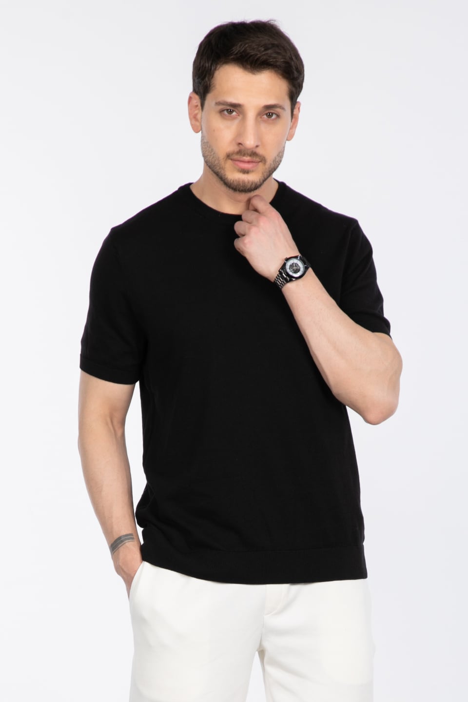 Bisiklet yaka triko t-shirt-NSR04 Siyah