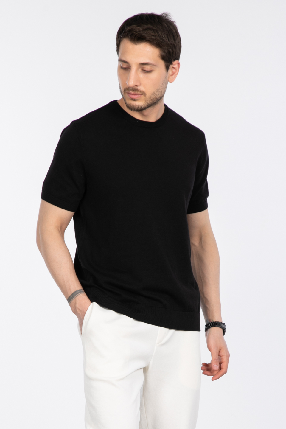 Bisiklet yaka triko t-shirt-NSR04 Siyah