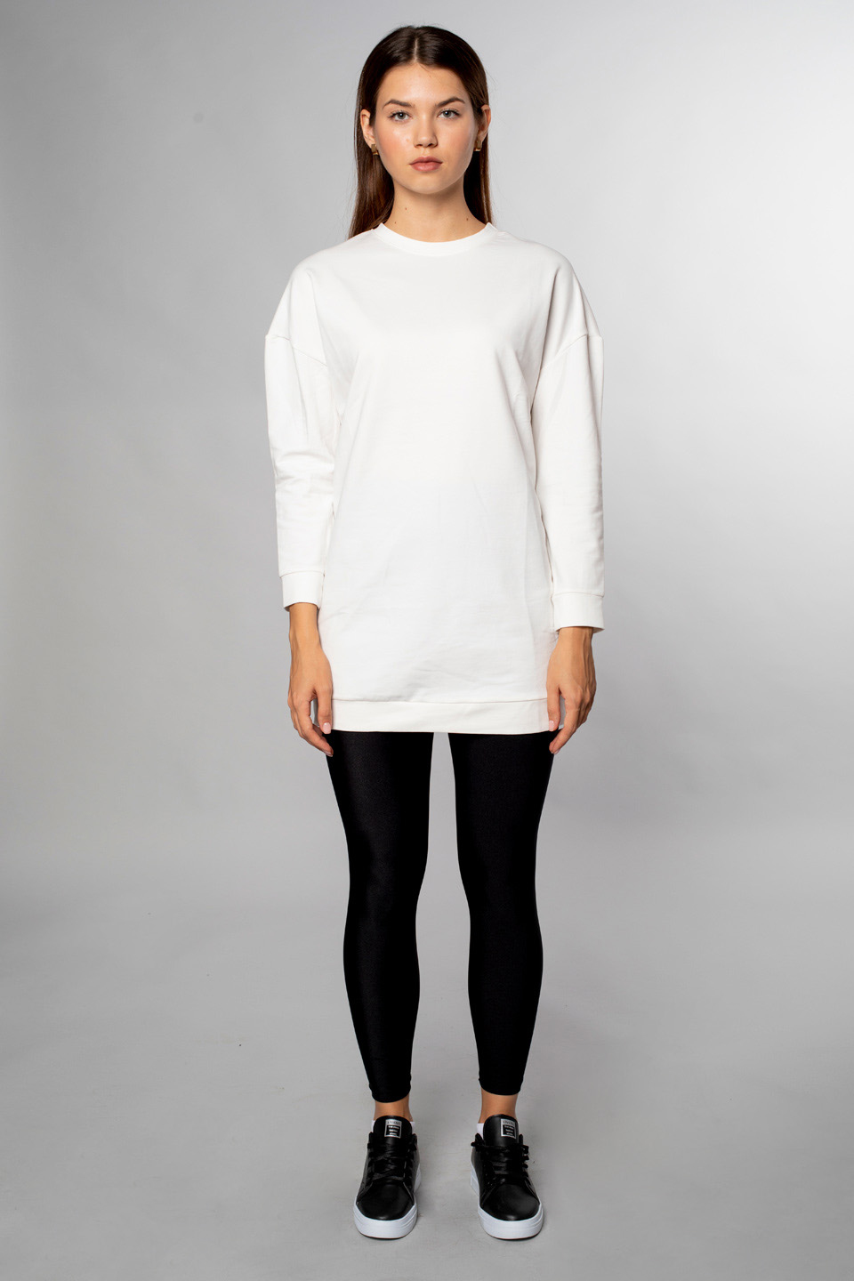 Bisiklet Yaka Tunik Sweatshirt-Ekru
