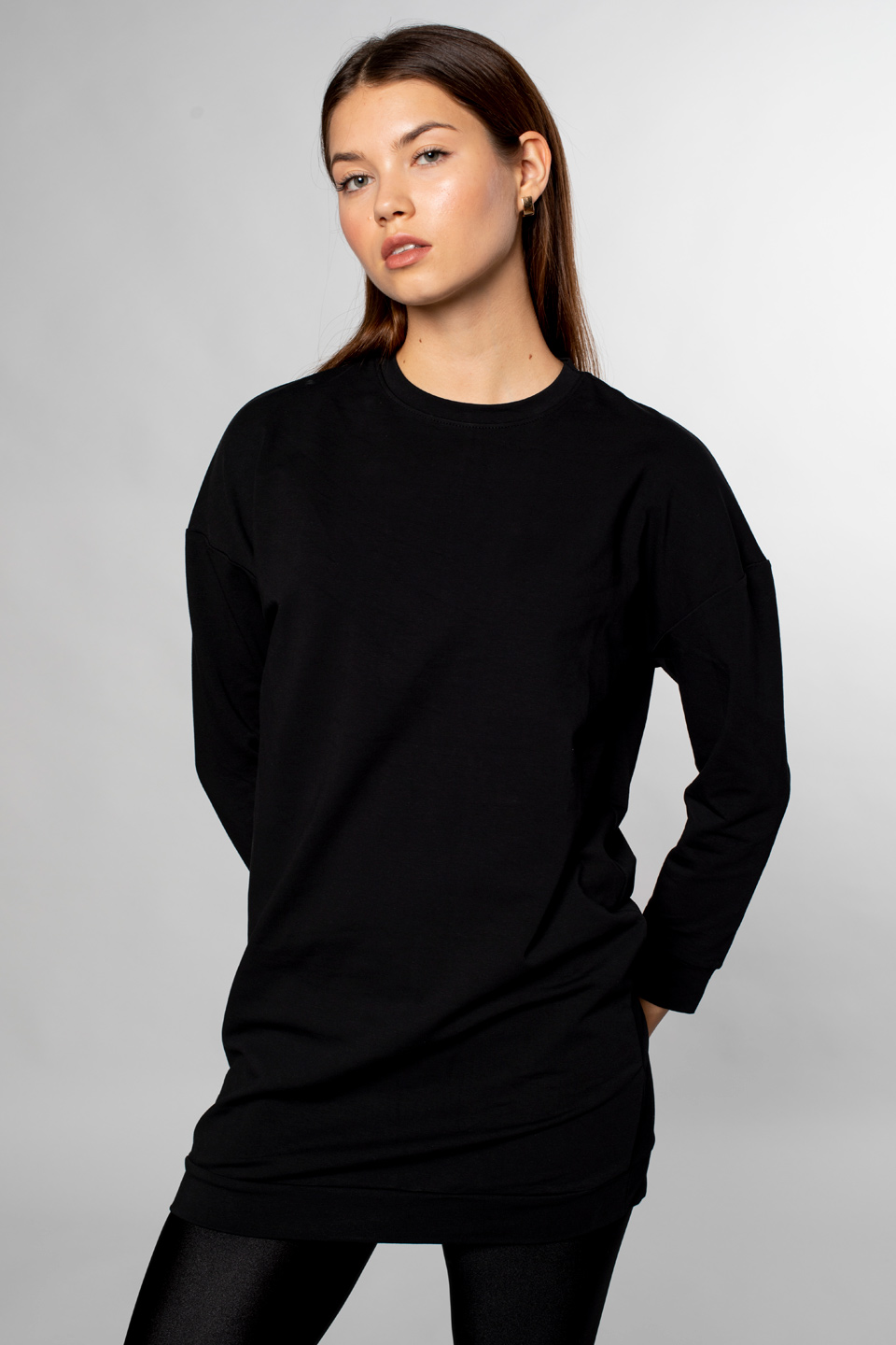 Bisiklet Yaka Tunik Sweatshirt-Siyah