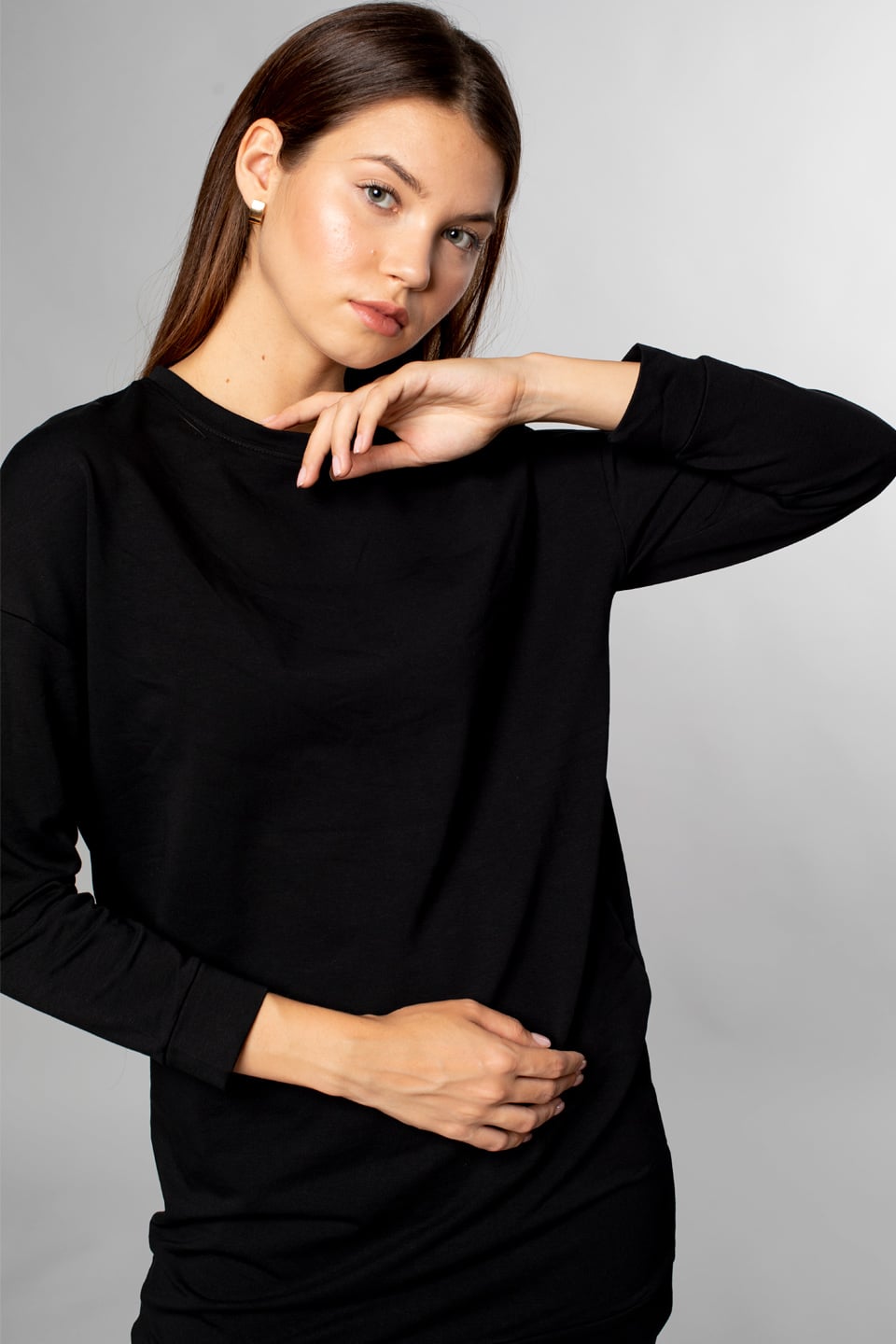 Bisiklet Yaka Tunik Sweatshirt-Siyah