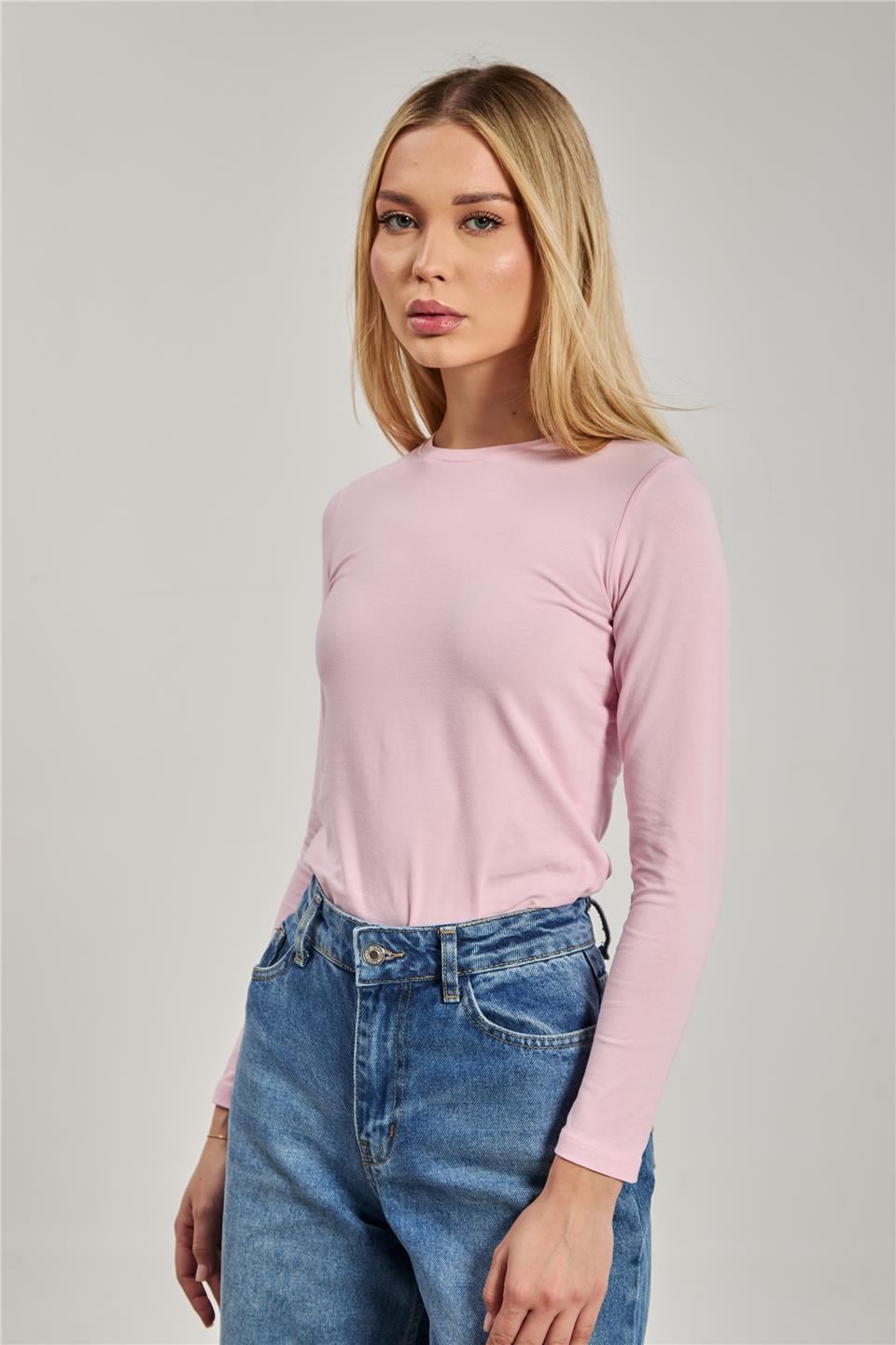 Bisiklet yaka uzun kollu body-150 Pembe