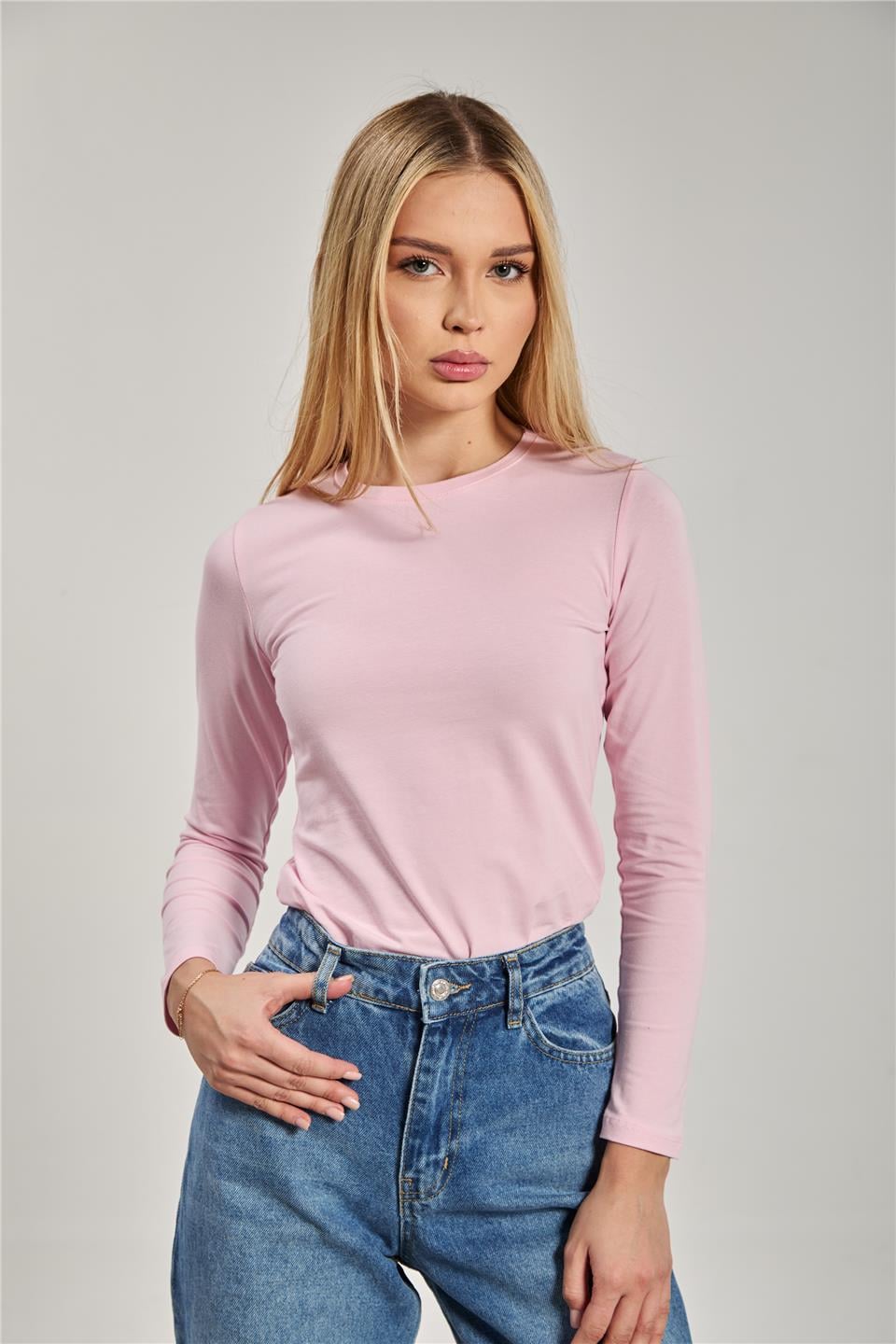 Bisiklet yaka uzun kollu body-150 Pembe