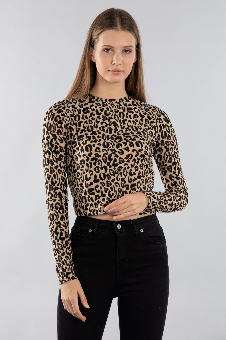 Bisiklet yaka uzun kollu body-7316 Leopar