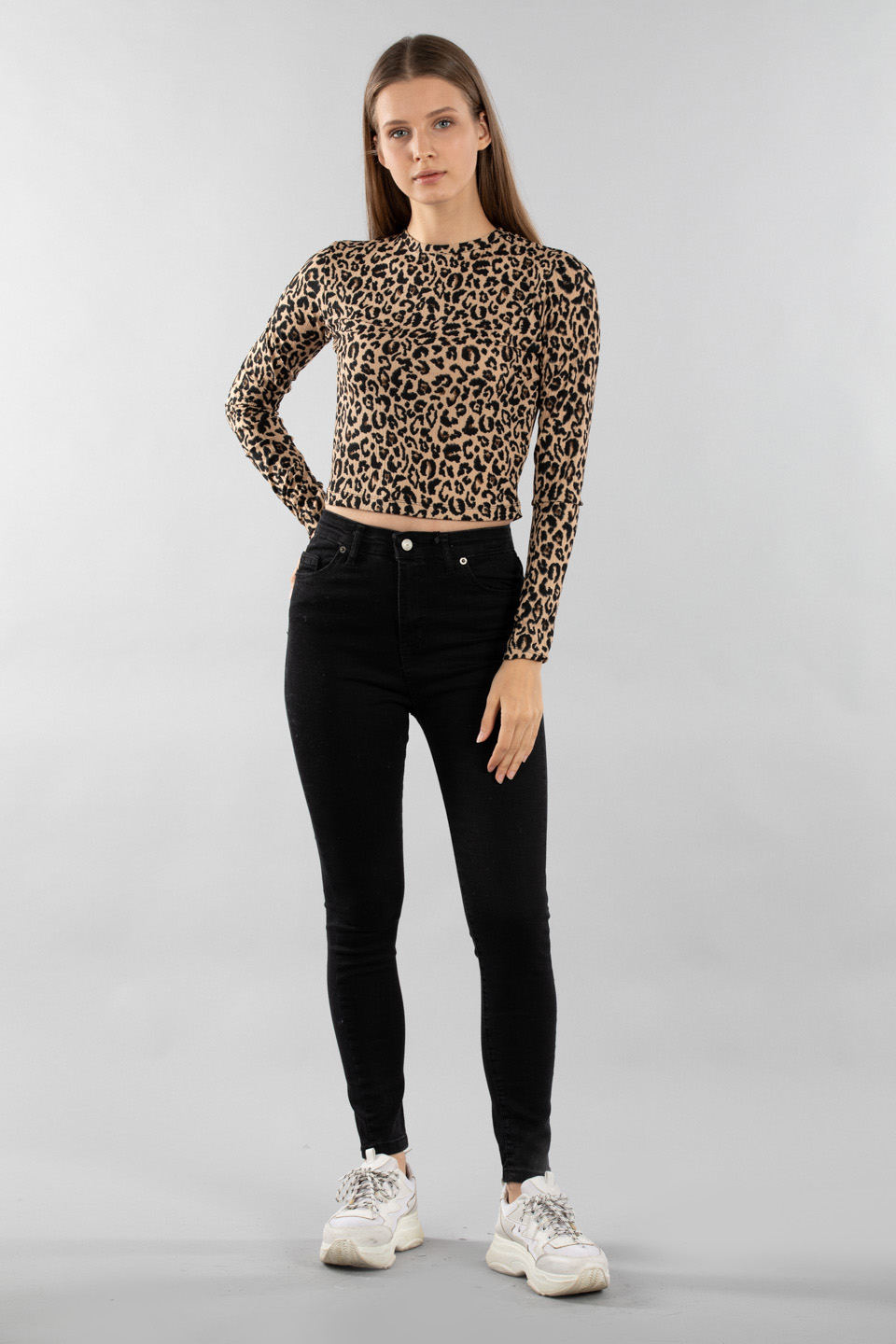 Bisiklet yaka uzun kollu body-7316 Leopar