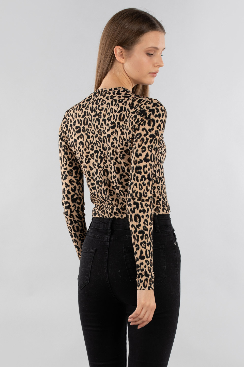 Bisiklet yaka uzun kollu body-7316 Leopar