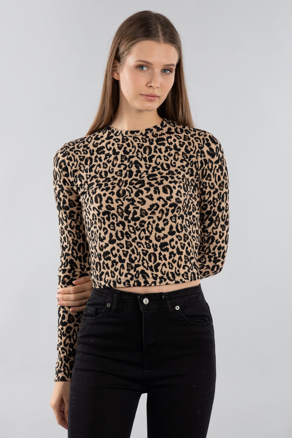 Bisiklet yaka uzun kollu body-7316 Leopar