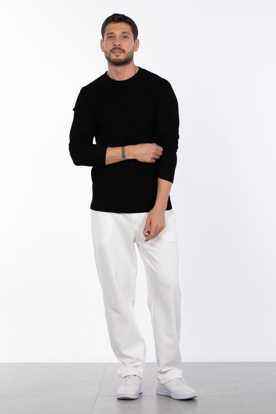 Bisiklet yaka waffal sweat-5073-2 Siyah