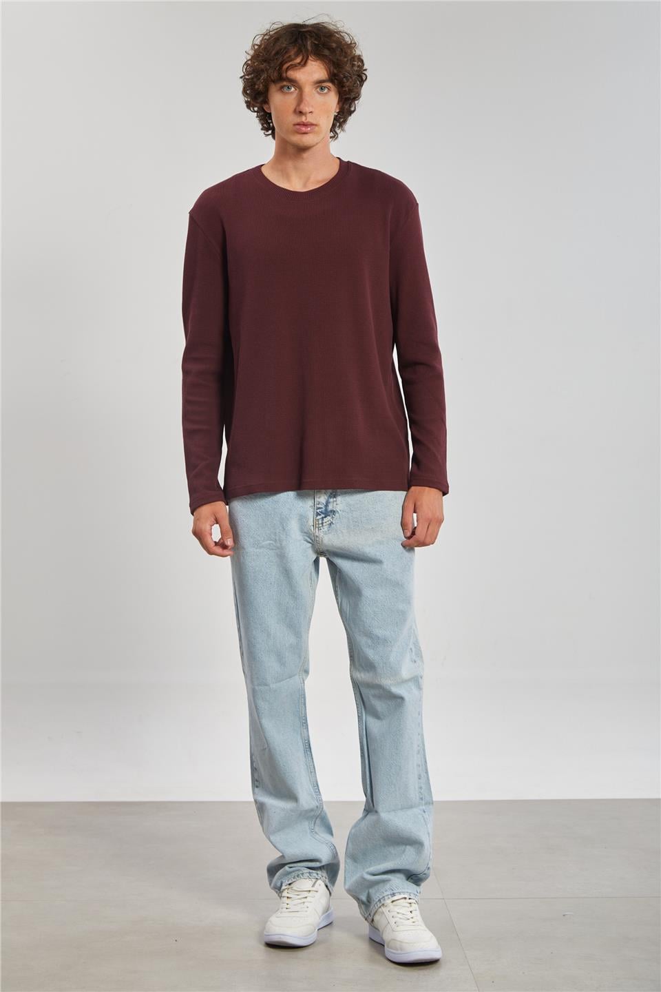 Bisiklet yaka waffal sweat-5073-2 Vişne