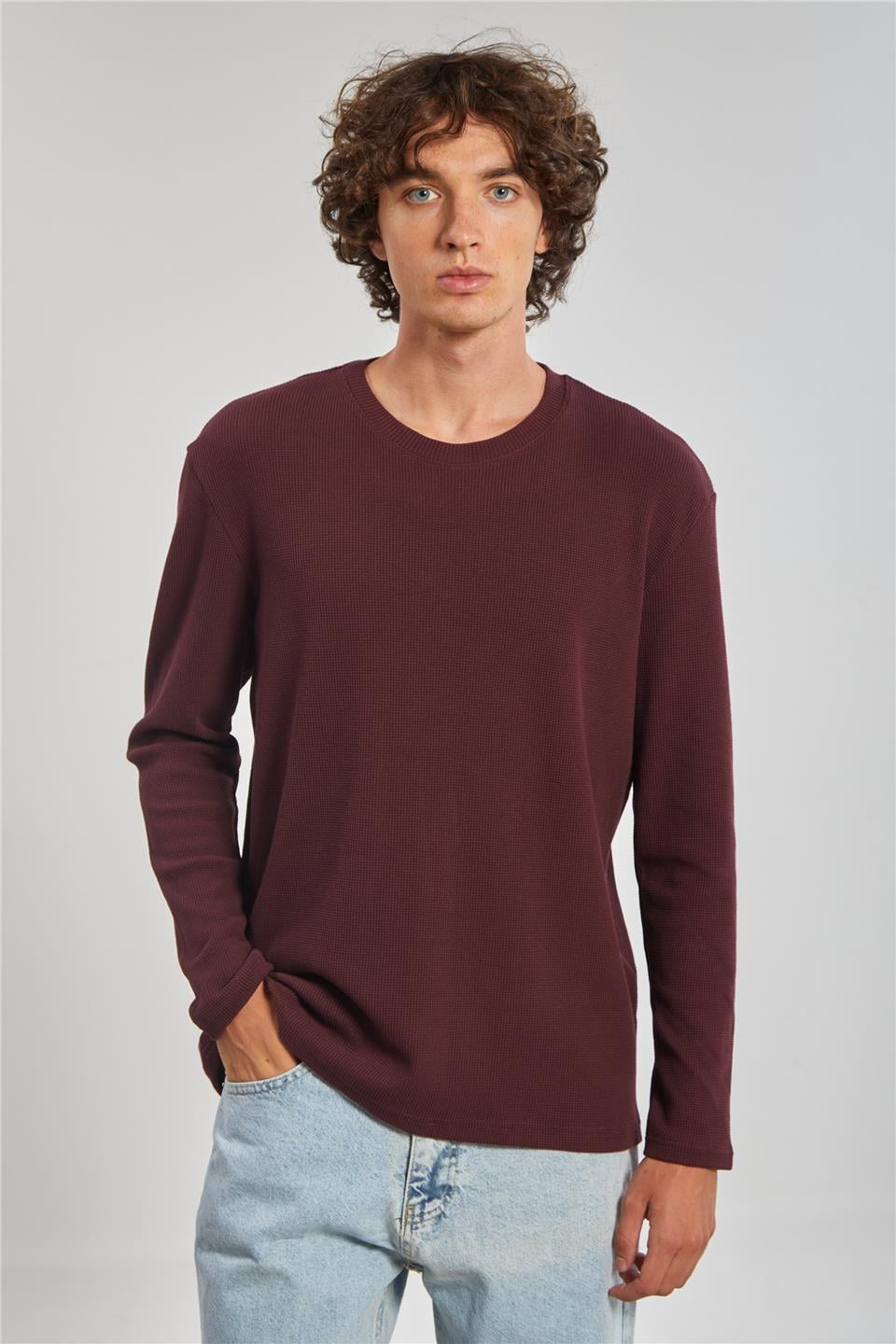 Bisiklet yaka waffal sweat-5073-2 Vişne