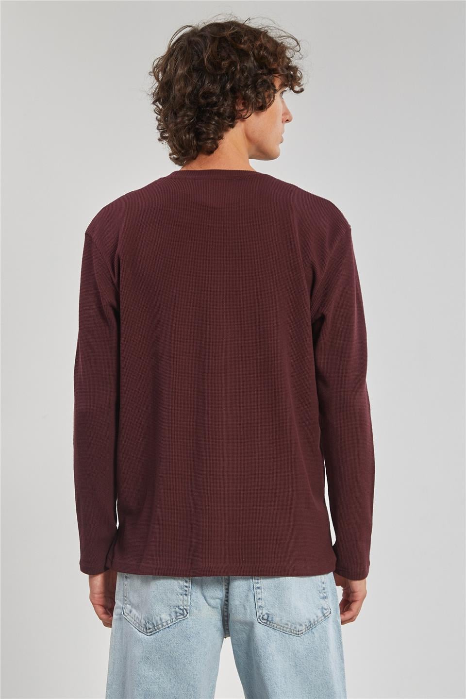 Bisiklet yaka waffal sweat-5073-2 Vişne
