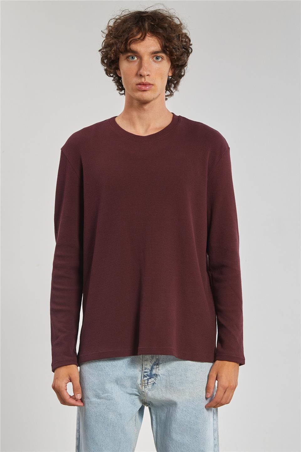 Bisiklet yaka waffal sweat-5073-2 Vişne