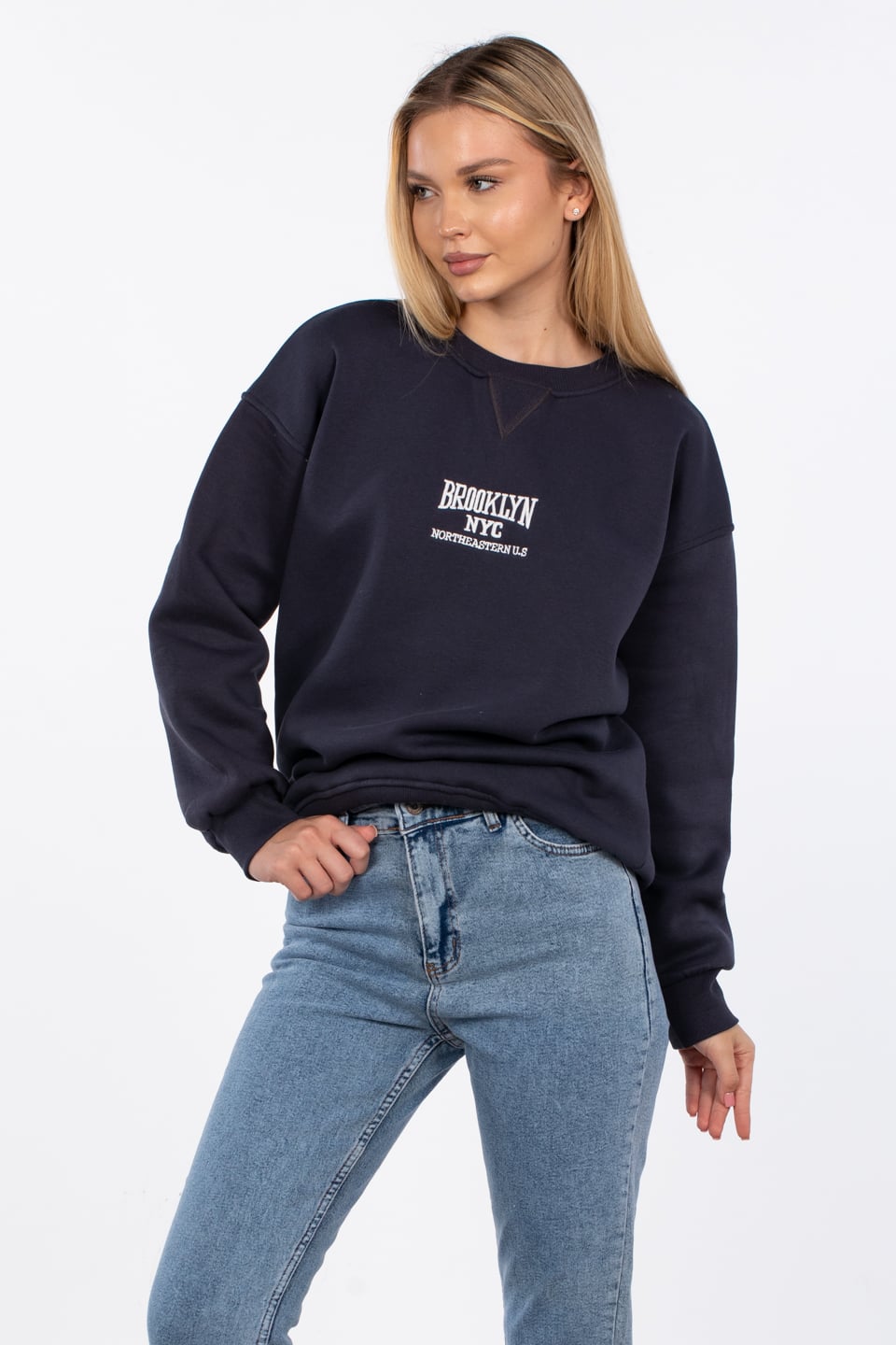 Bisiklet yaka yazı nakışlı sweatshirt-DVN0522 B.Antrasit