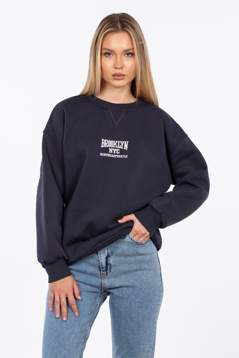 Bisiklet yaka yazı nakışlı sweatshirt-DVN0522 B.Antrasit